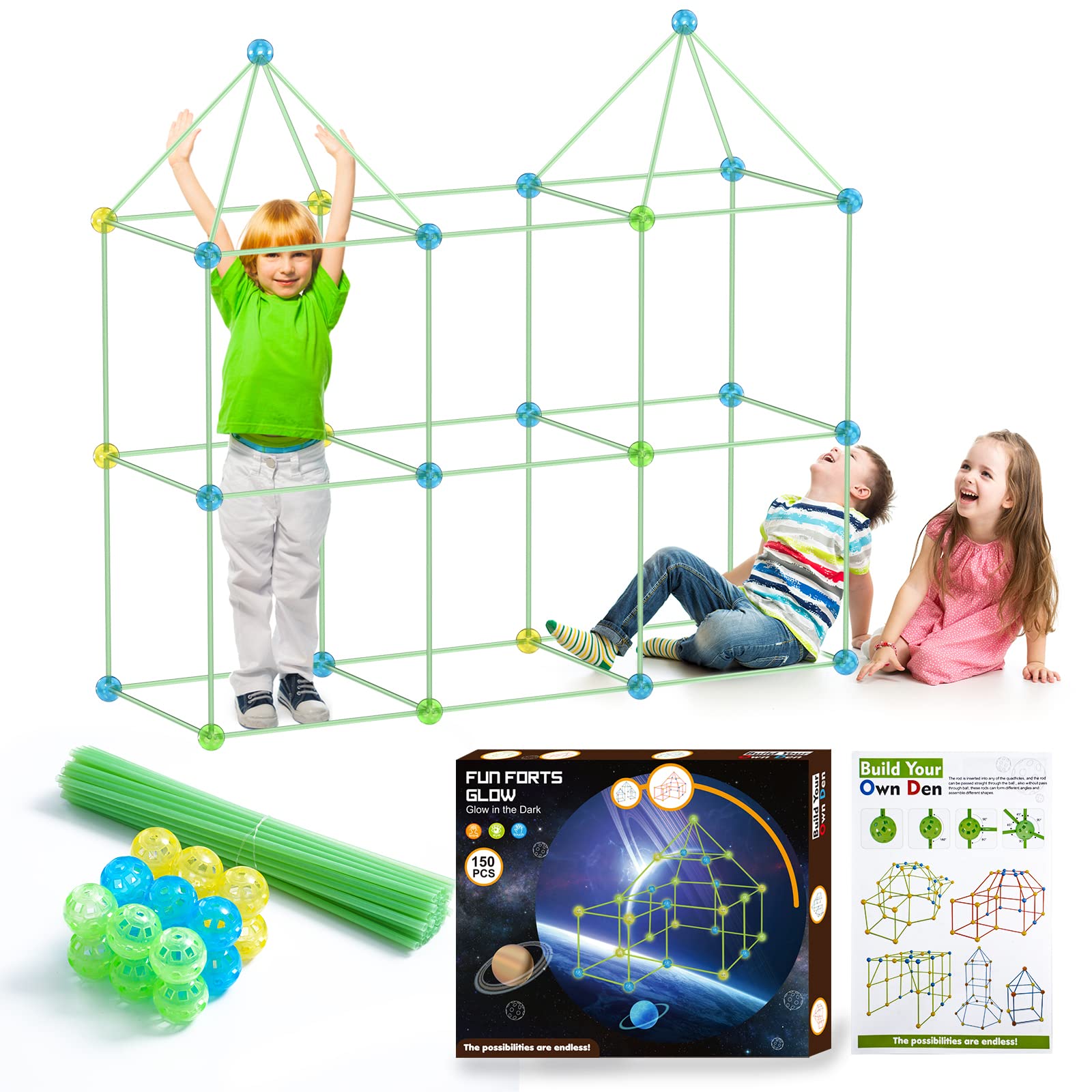150 PCS Fort Building Kit for Kids, Forts Construction Builder for 3-14 Years Old Boys Girls Gifts Toys, Ultimate Forts Builder DIY Building Tent Educational Learning Toys for Indoor & Outdoor