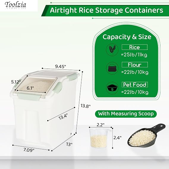 1Pcs 10kg Airtight Rice Storage Container with Lids for Kitchen (Cyan) | food-grade PP, BPA-free dry food dispenser with wheels, measuring cup, scoop for rice, grains, flour, pet food
