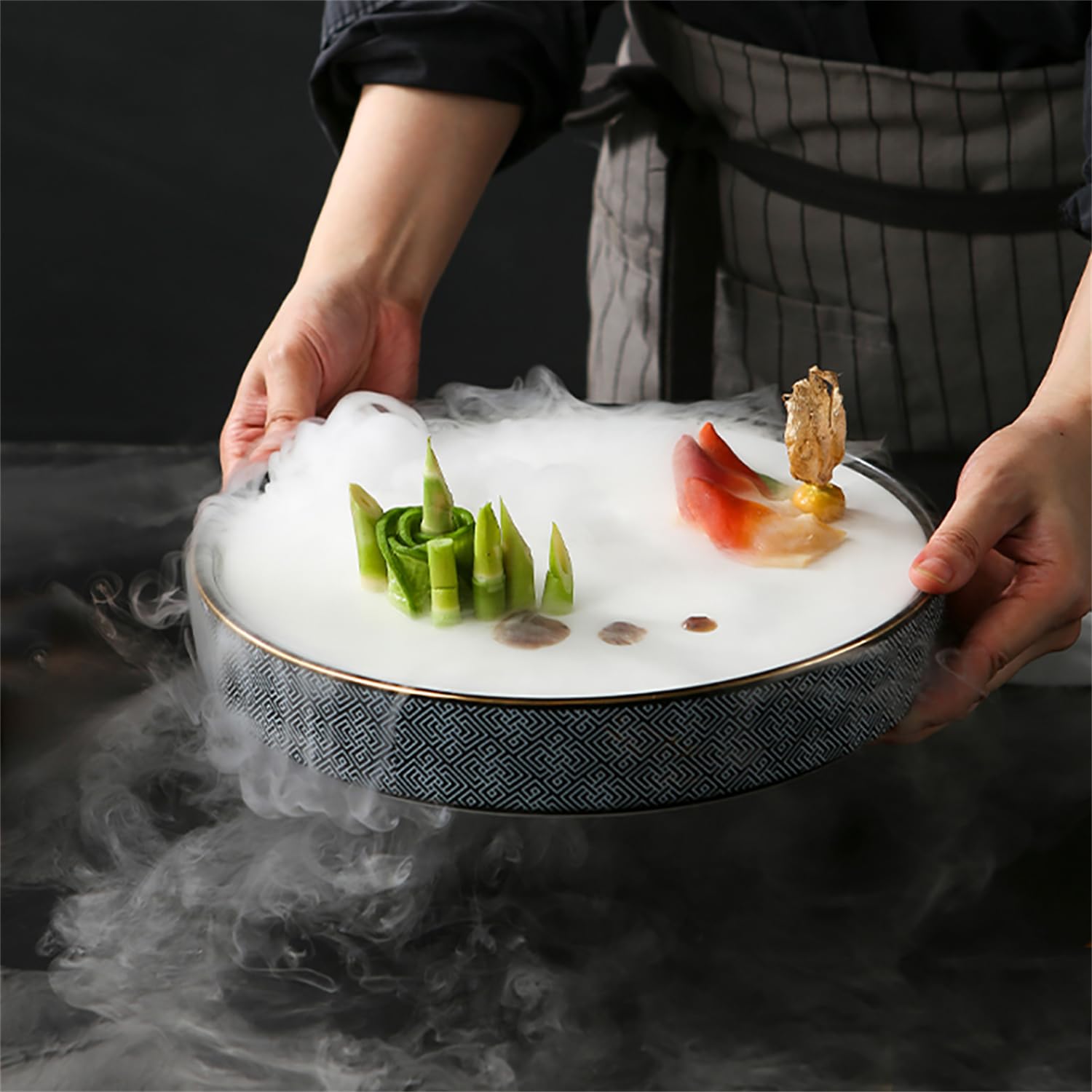 Bandeja de Servicio de Sushi de Sashimi de Hielo seco de cerámica | Atmósfera visual ahumada, porcelana delicada, estructura desmontable, integración perfecta