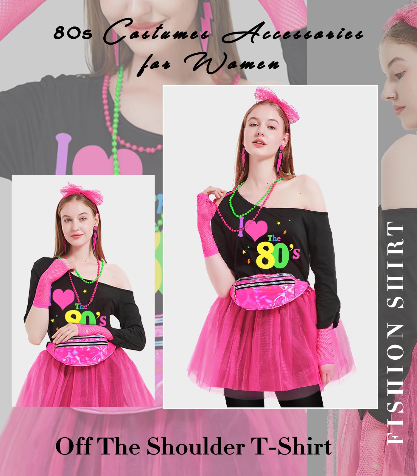 WILDPARTY 80s Fancy Dress for Women I Love 80s T-shirt, Tutu Skirt, Leggings, Leg Warmers, Necklace, Fishnet Gloves - Image 3