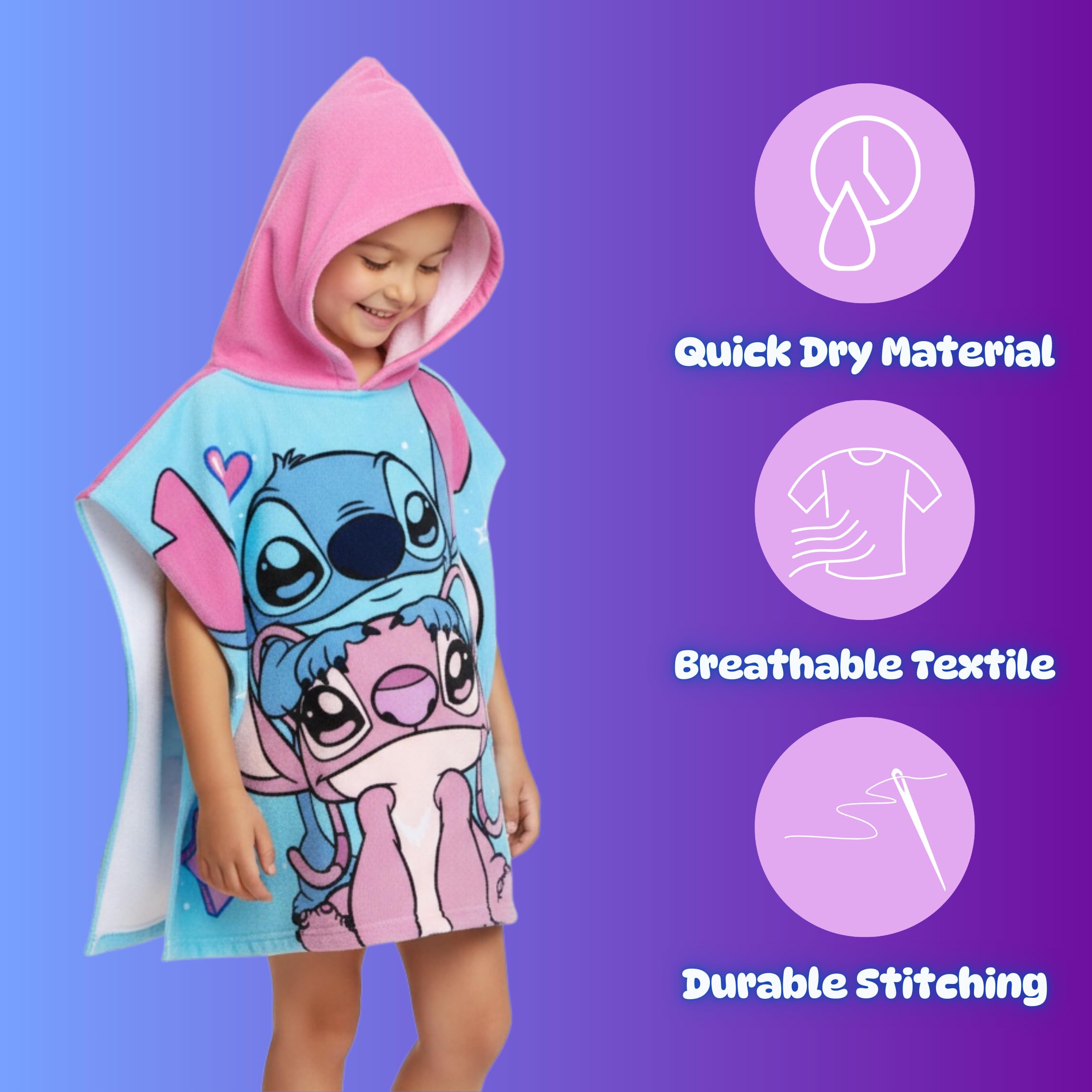 Disney Stitch y Angel Toalla Poncho para Niñas, Toalla de Playa, Toalla de Baño con Capucha, Toalla Natación Infantil