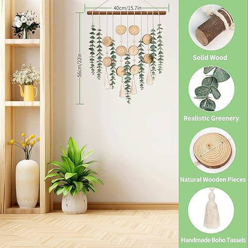 Miniatura 4 de Planta artificial de eucalipto verde con tallo de hojas para colgar en la pared, 22.7 pulgadas con poste de madera, decoración rústica bohemia