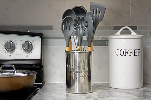 Miniatura 3 de SOL -Soporte para utensilios de cocina de silicona con mango de madera, juego de 8 piezas - Cuchara de servir, cuchara ranurada, batidora, batidor,