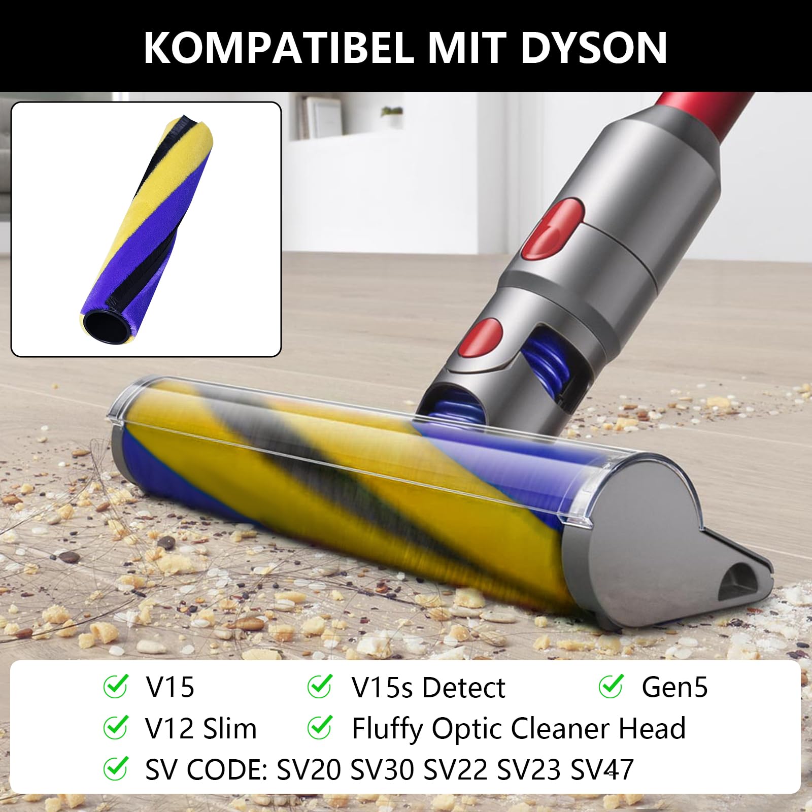 Für Dyson V15/V15s Detect/Gen5/V12 Slim – Weiche Fluffy-Bodenbürstenrolle (Fluffy-Bürste) für den weichen optischen Reinigungskopf – Nr. 971634-01