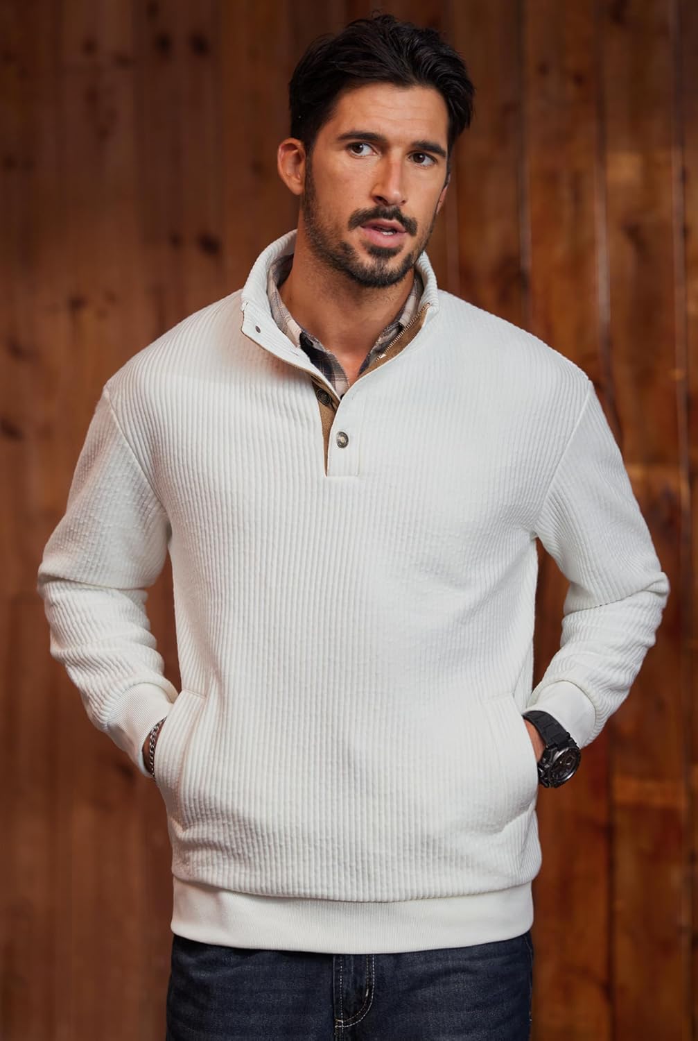 Men Fashional Full Sleeve Pullover Trendy Durable Sweater Thick Quarter Button Pocket Ribbed Corduroy Classic Warm Fluff Stand Collar Elbow Patches Thermal Shirts White - Stripe S - Image 5