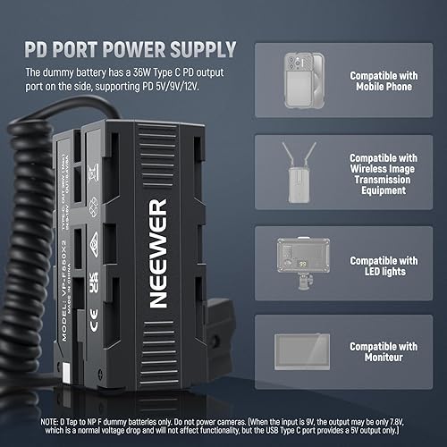 Miniatura 65 de NEEWER D Tap to NP-F550 Batería ficticia con cable para batería de montaje en V, fuente de alimentación estable para RGB660 RGB1200 RGB168 BH20B Luz