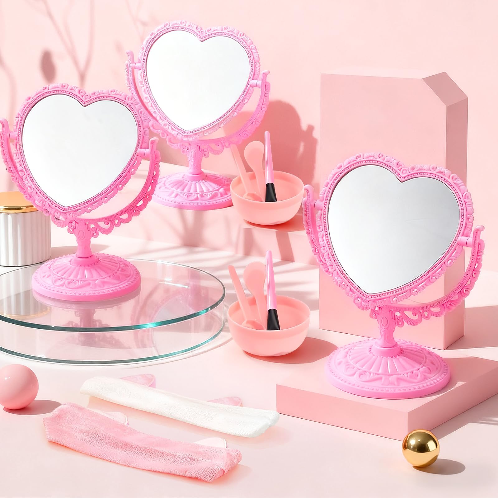 64 Stück rosa Spa-Übernachtungsparty-Zubehör, inklusive 8 rosa Herzspiegel, 8 Jade-Roller, 8 Gesichtsmasken-Applikator-Pinsel, 8 Schleifen-Haarbänder, 8 Rührschüsseln, Hautpflege-Werkzeuge für Spa