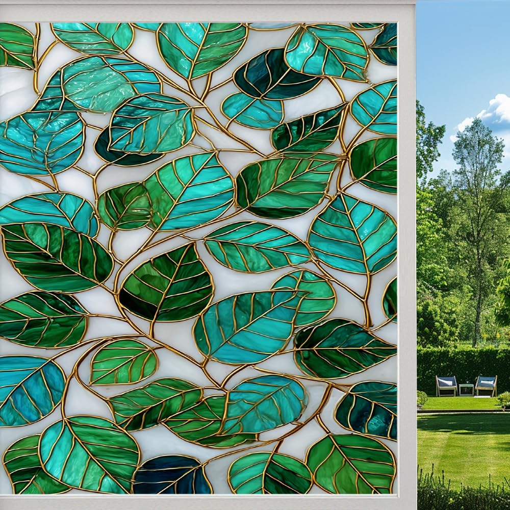 Retro Leaf Privacy Window Film, Texture Green Leaves Plant Frosted Self-Adhesive Vinyl Cling for Glass Doors Bathroom Windows Sun Blocking Heat Control, （90x140cm）