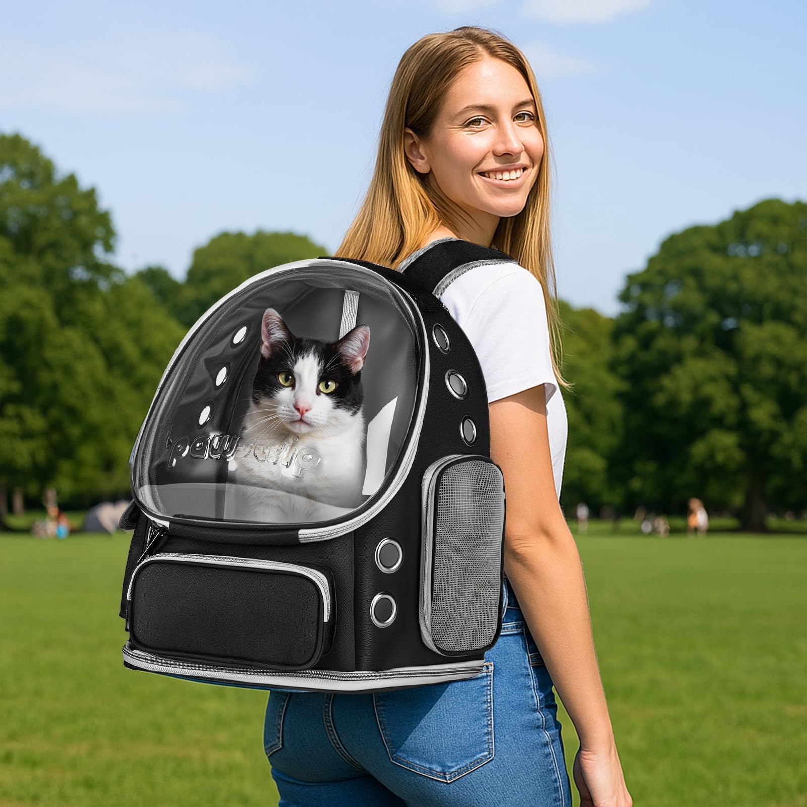 Katzenrucksack mit großem Raumkapsel-Fenster, flugzugelassene atmungsaktive Haustiertasche für kleine Hunde & Katzen bis 6,8kg (15lbs), faltbar für Reisen Wandern & Outdoor(Schwarz)