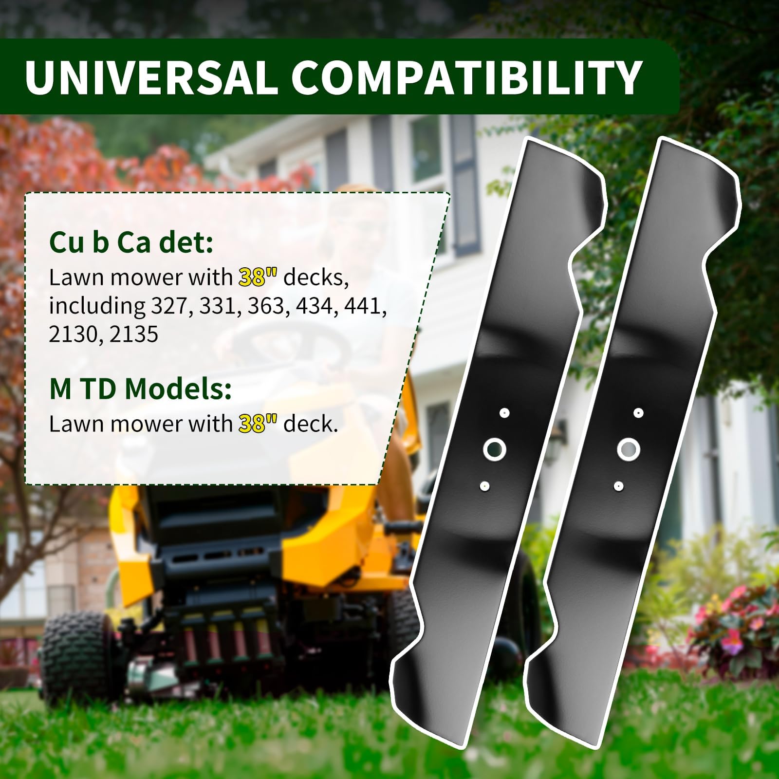 742-3008 Cuchilla de cortacésped de alta elevación compatible con cubiertas Cu b Ca det de 38 pulgadas 327, 331, 363 sustituye a 759-3816, 742-3009, 759-3817, paquete de 2