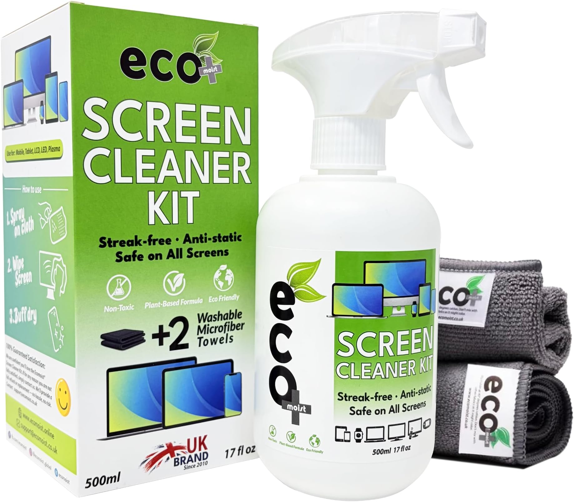 Ecomoist Screen Cleaner 500ml with two Microfibre Towels 40x40cm and 20x20cm Ecofriendly Cleaning Best for LCD LED HDTV Computer Monitors TV iPad iPhone Tablet Smartphone Laptops (500ml)