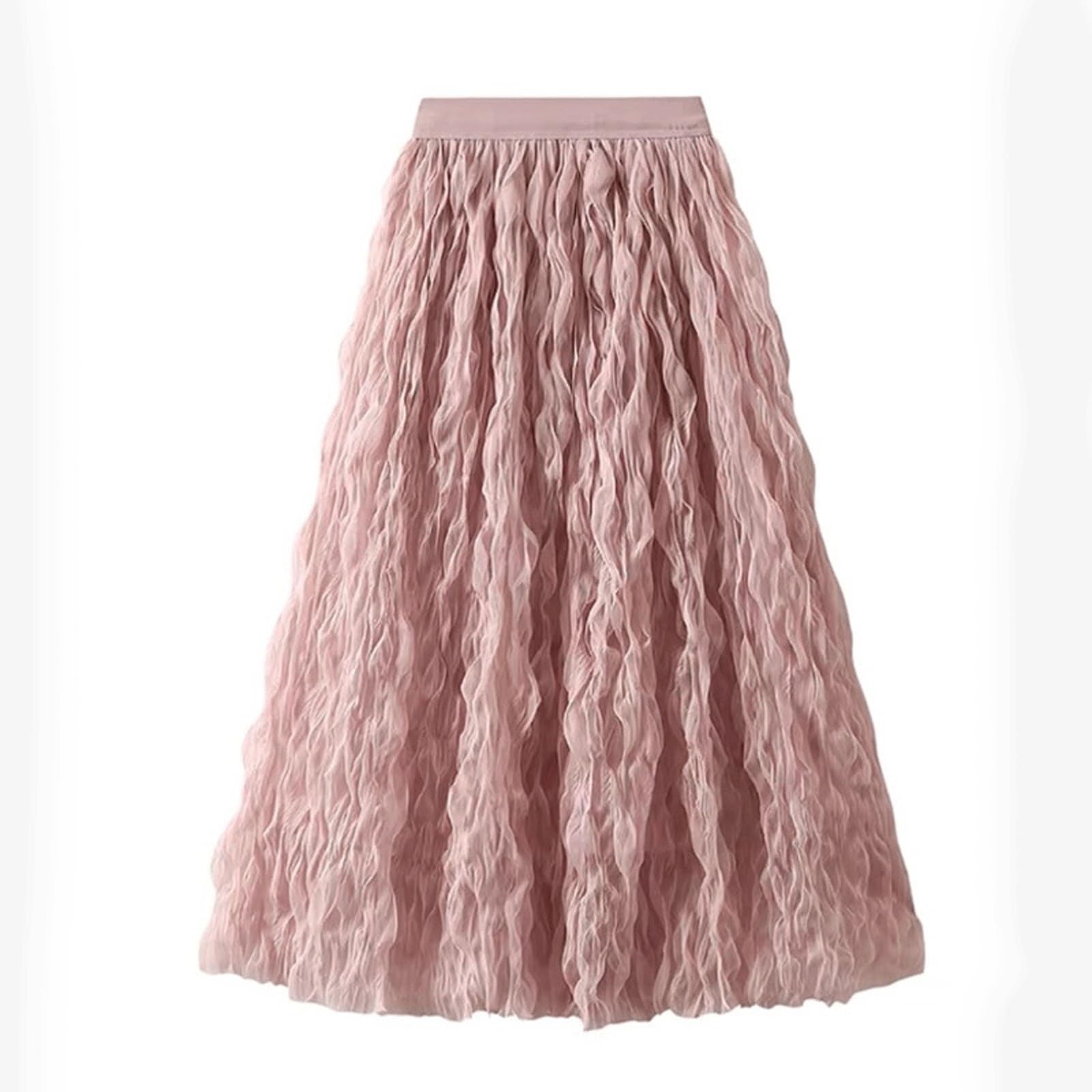 DUddTTW A-line Women's Midi Skirt Pleated Ankle Length Skirts Elastic Waisted Swing Skirt Wavy Maxi Skirts Mesh Midi Length Flowy Skirt(Rose,M)