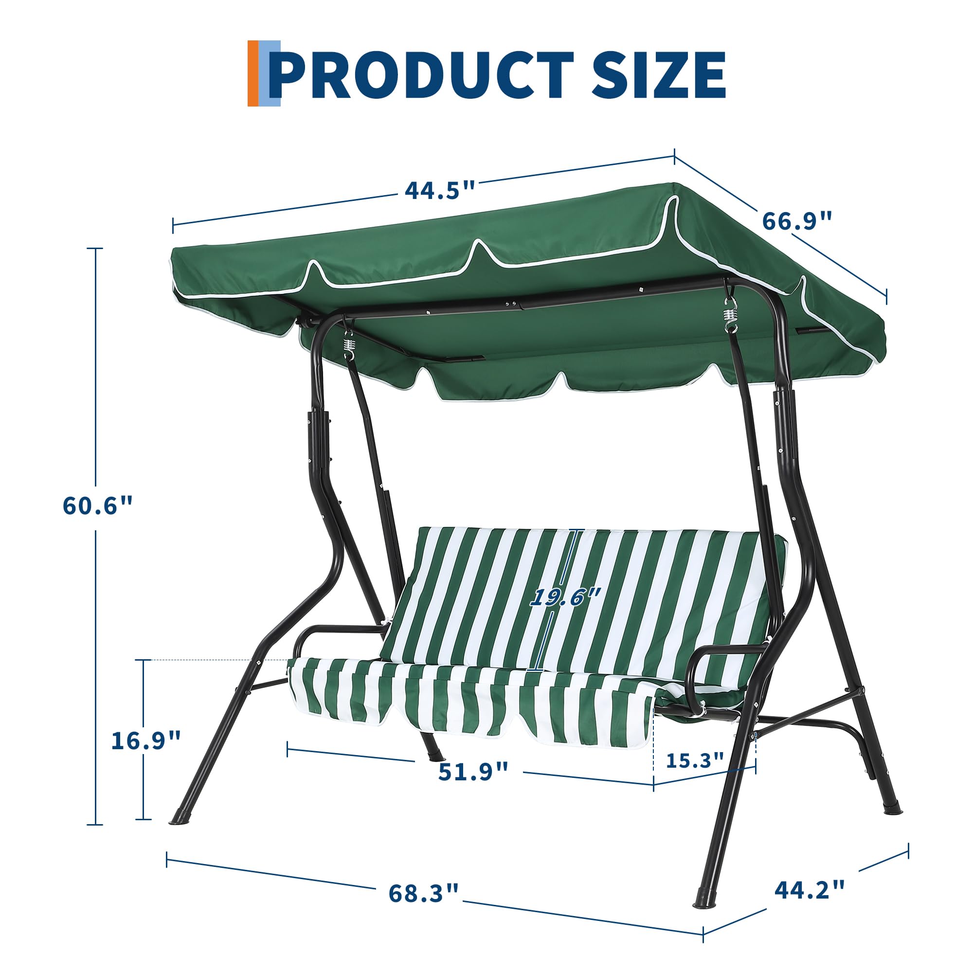 Garvee Balancelle de Jardin 3 Places Toit Inclinable, Coussins Épais 4cm, Structure Acier Anticorrosion pour Terrasse et Jardin, Charge 500kg