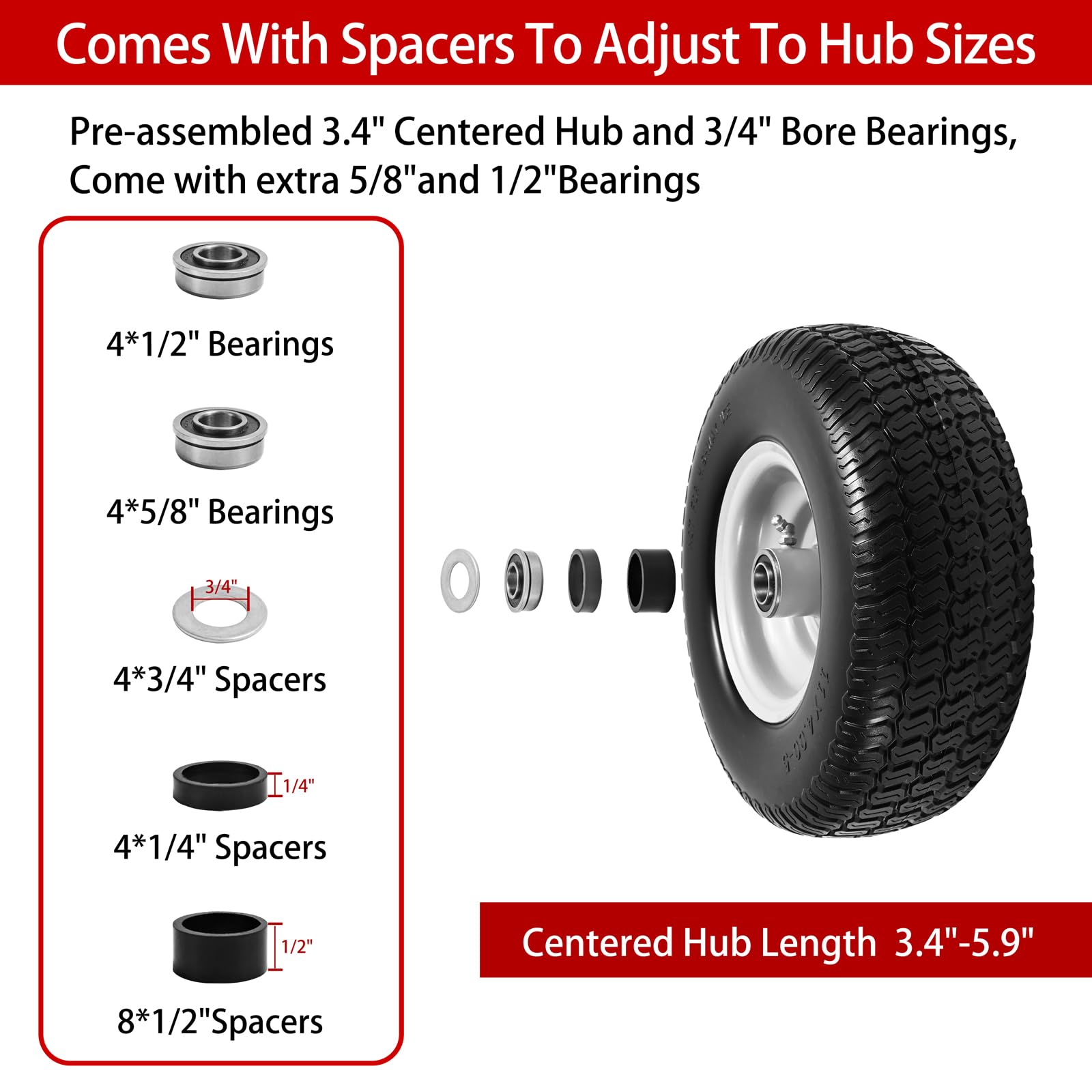 Paquete de 2 neumáticos y ruedas para cortacésped de 11 x 4.00-5, bujes centrados de 3.4 pulgadas, bujes de 3/4 pulgadas y 5/8 pulgadas y 1/2 pulgadas, repuesto frontal de giro cero