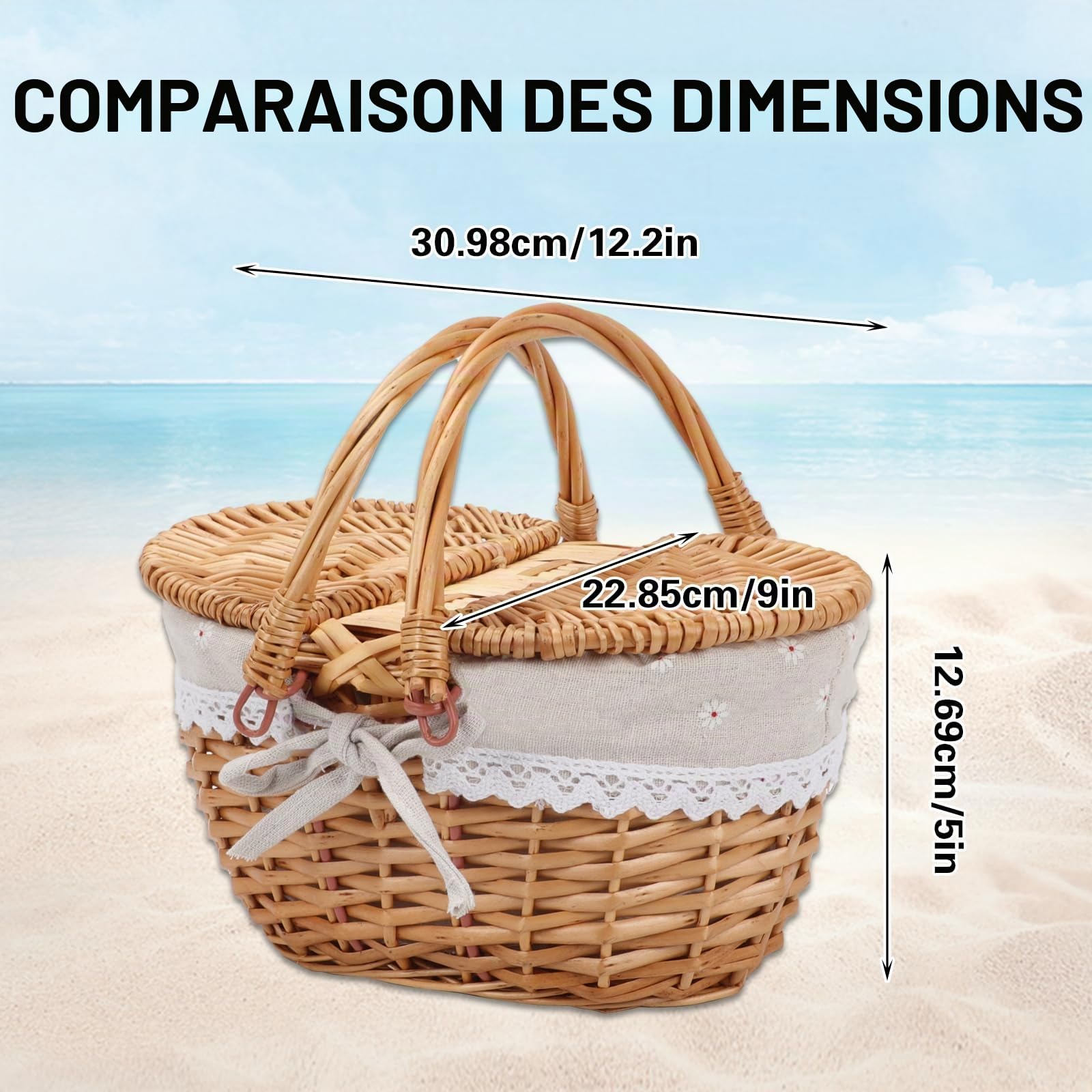 Panier en Osier Panier de Pique-Nique, Panier de Pique-Nique avec Couvercle, Doublure Amovible, Panier de Rangement en Saule pour Pique-Niques, Fêtes et Barbecues, 31x22.85x12.7 cm