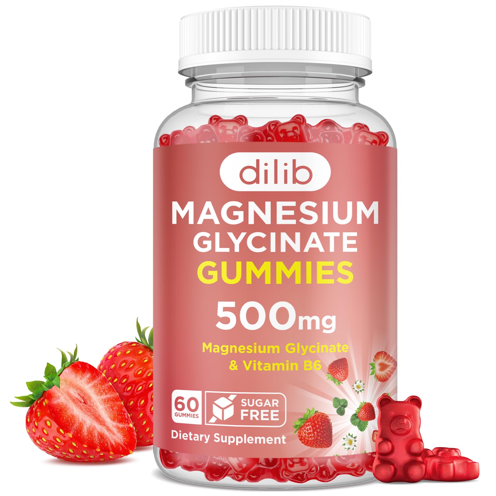 Magnesium Glycinate Gummies 500mg - Magnesium Supplement with Vitamin B6 for Adults & Magnesium for Kids - Calm Magnesium for Sleep, Mood, Muscle Support - Strawberry Flavor, 60 Gummies Strawberry 60 Count (Pack of 1)