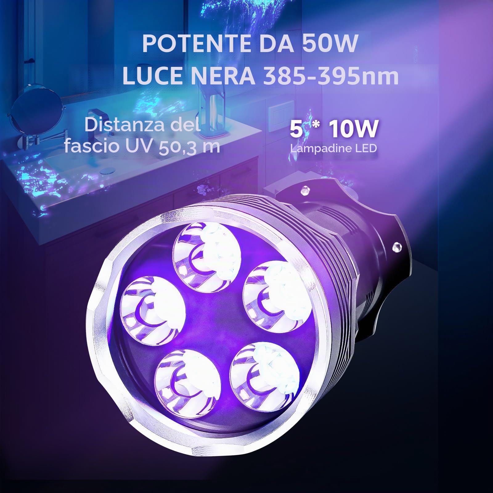 UltraFire Torcia UV 395nm, Luce Ultravioletta ad Alta Potenza da 50W, Lampada UV Portatile a Lungo Raggio per Ricerca di Ambra, Rocce, Caccia agli Scorpioni, Indurimento Resina, Rilevamento Perdite