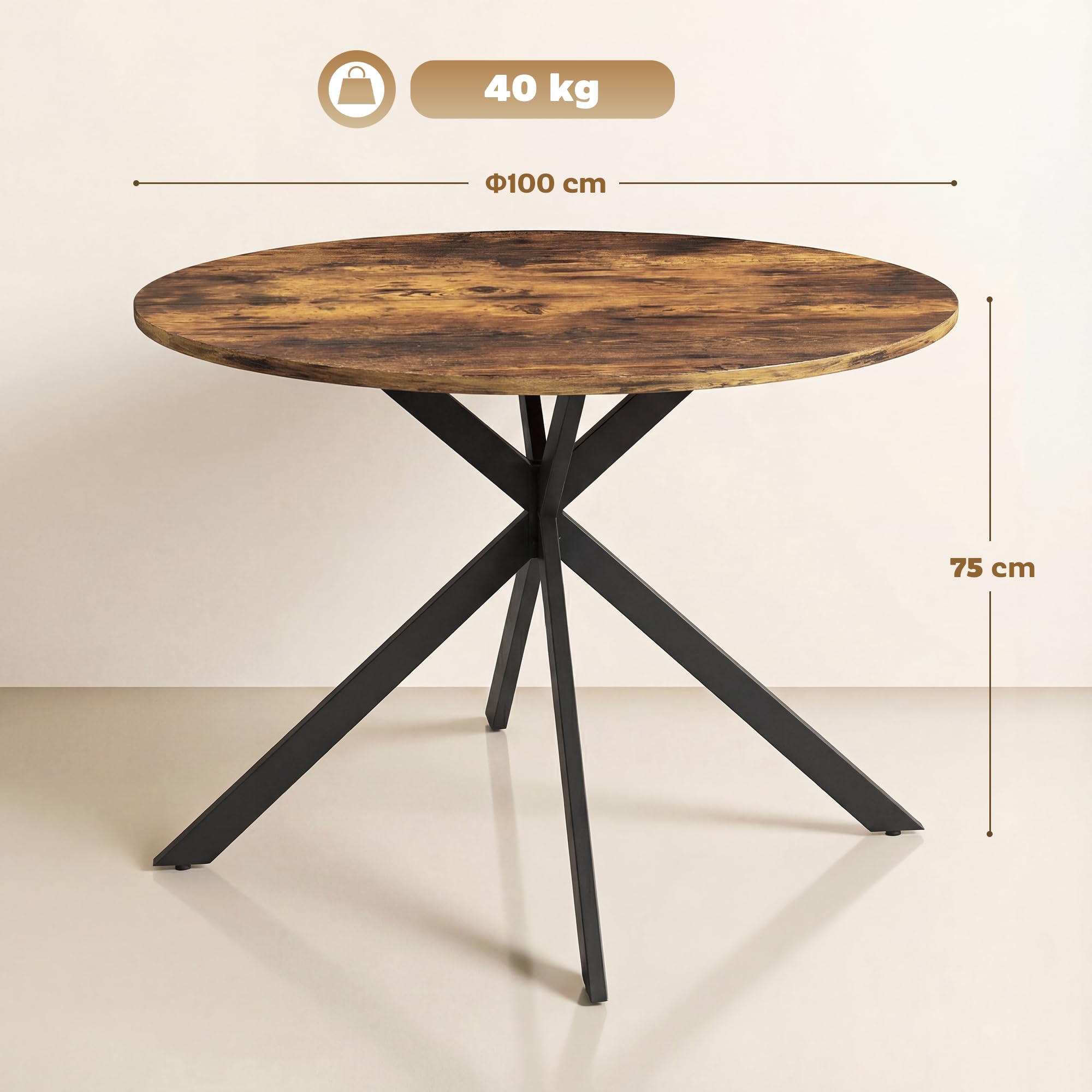 HOMCOM Tavolo da Pranzo Rotondo Ø100 cm per 4 Persone Marrone Rustico