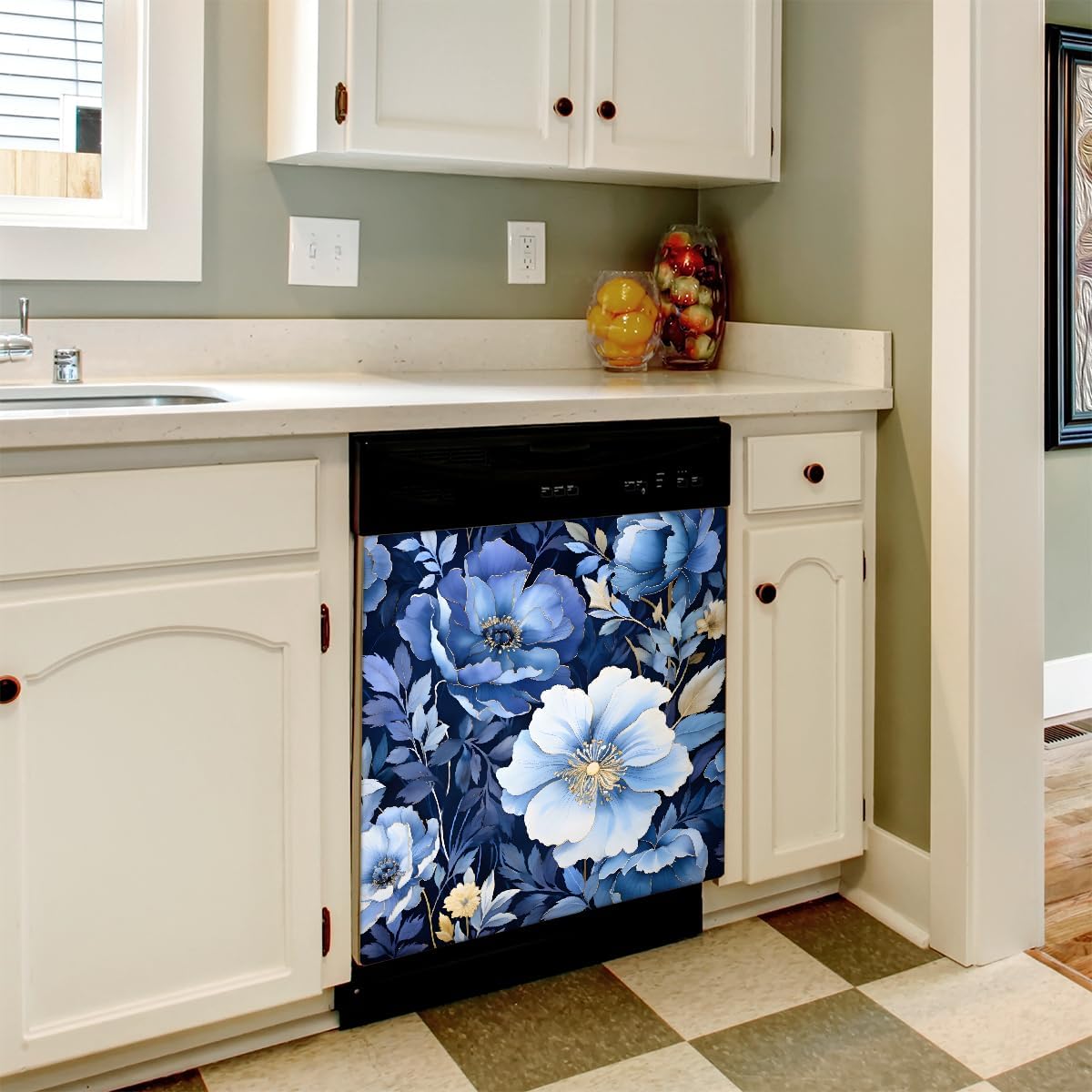 Painting Blue Floral Plant Dishwasher Magnet Cover Decorative Refrigerator Covers Magnetic Reusable Dishwasher Door Cover Kitchen Appliance Sticker Cover 21x26Inch