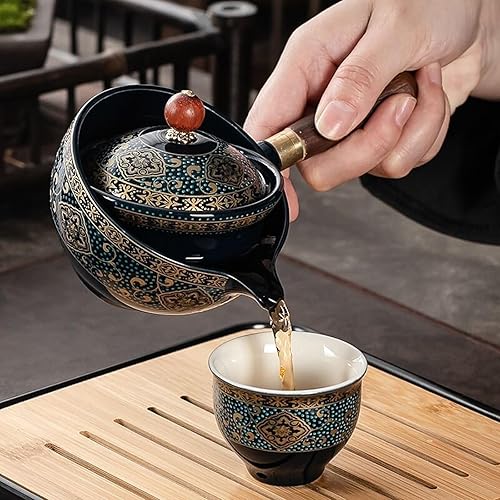 Miniatura 2 de Axurhui - Tetera mágica de gato, juego de té de viaje portátil de cerámica, tetera de rotación 360 e infusor, tetera mágica de gato lindo, juego de