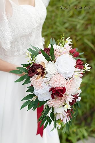 Miniatura 4 de Ramos de boda Marsala de 11 pulgadas para novia, rosas artificiales color burdeos, rosas artificiales en cascada, para otoño, rústico, bohemio,
