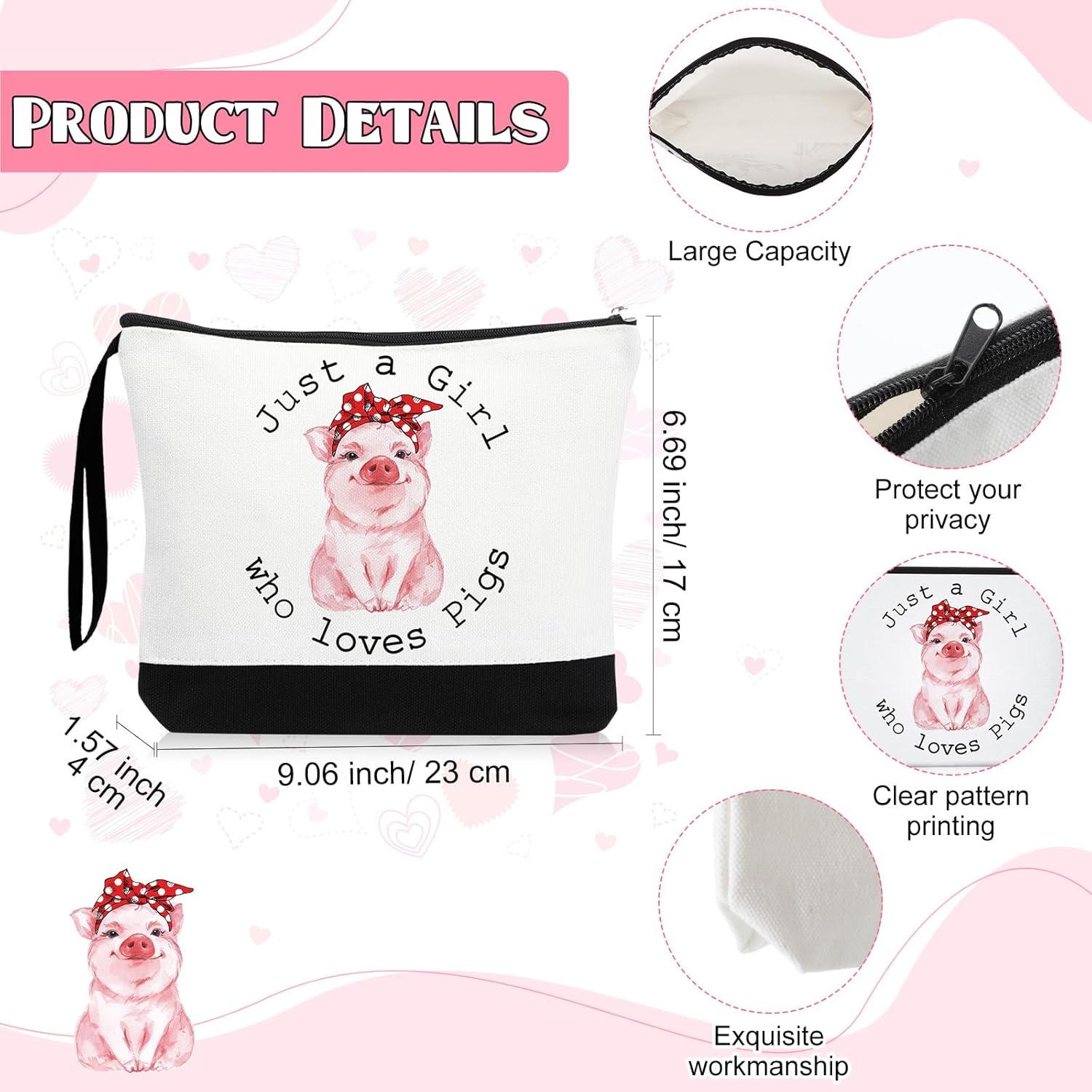 3 Pcs Valentine's Day Pigs Lover Gift for Women Canvas Tote Bag Travel Cosmetic Bags Keychain Portable Makeup Zipper Pouch with Handle Funny Birthday Gift for Coworker Boss Staff - Image 3