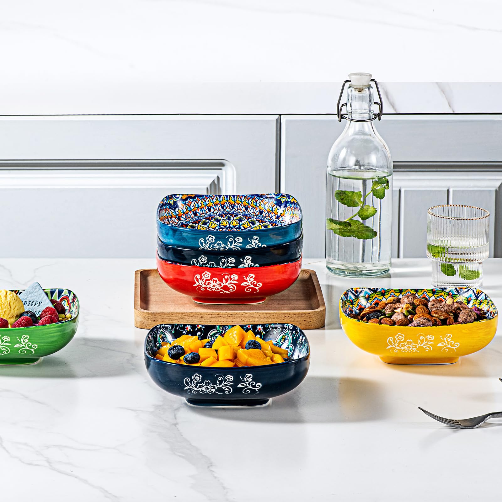 HENXFEN LEAD Miseczki na przekąski porcelanowe, 550 ml miseczki deserowe do musli, deserów, zup i przekąsek. Kolorowe, 6 sztuk w opakowaniu - styl boho