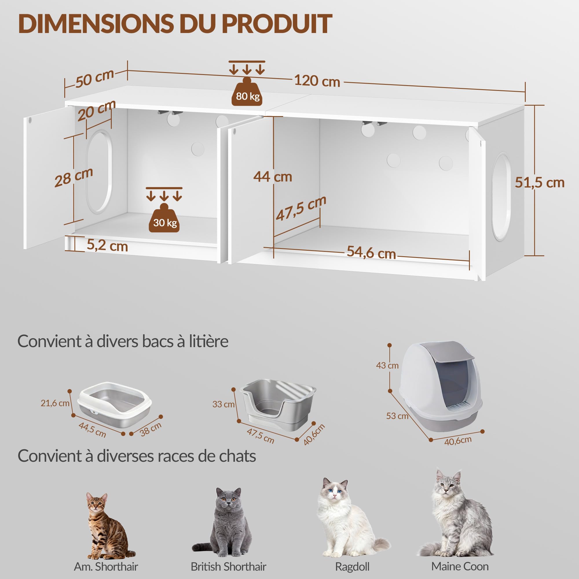 Meuble Litiere pour 2 Chats, 120 x 50 x 51,5 cm, Blanc