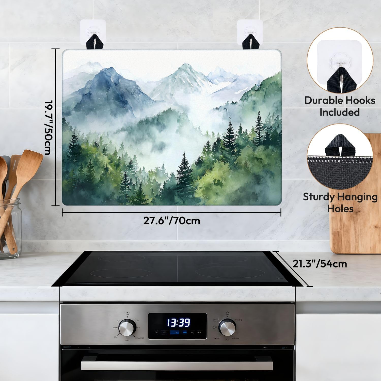 Stove Top Covers for Electric Stove watercolor style mountain Glass Cooktop Burner Covers Heat Resistant Protector Kitchen Decor Keep Stove Clean 28''x20''
