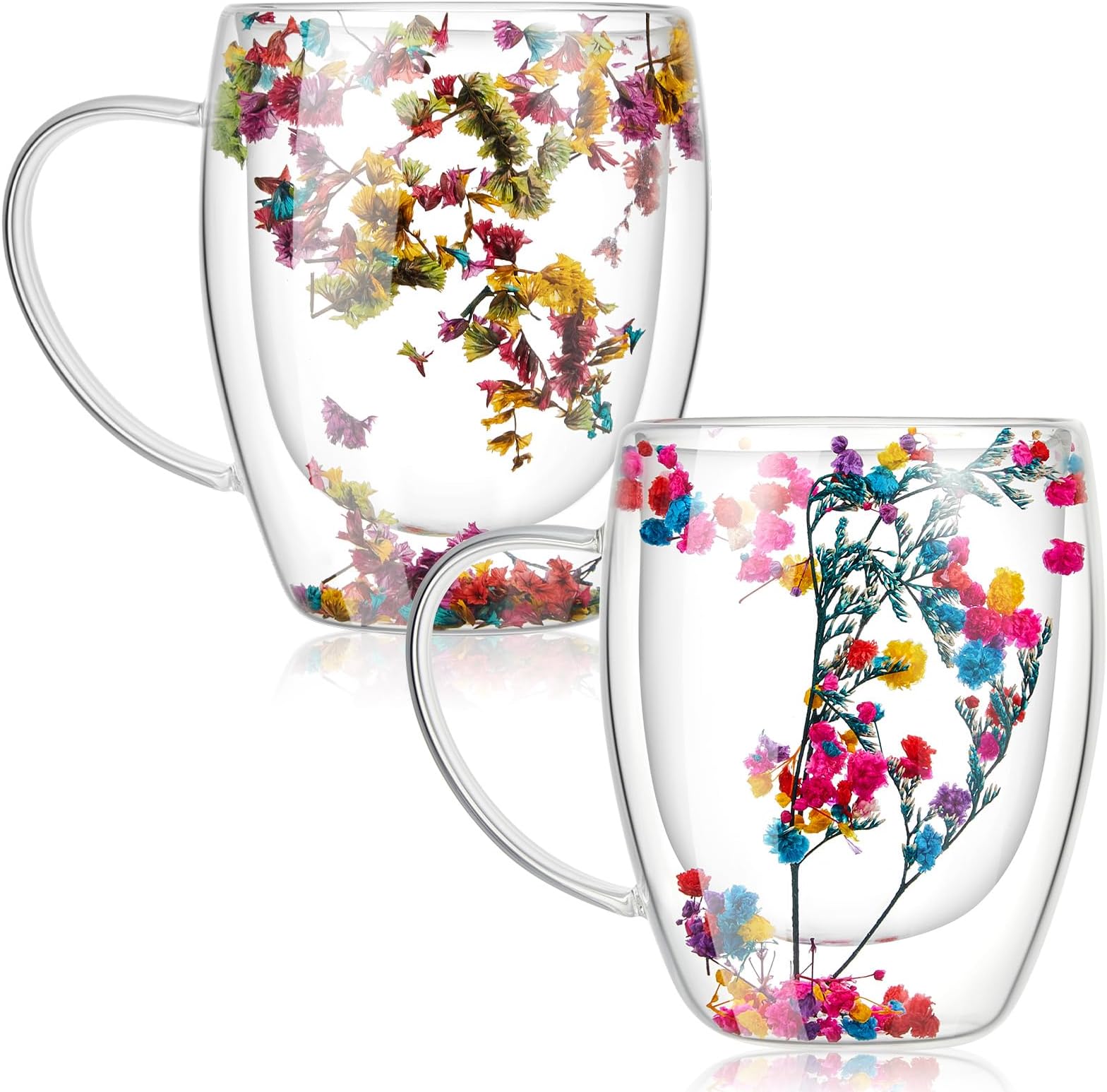 Rtteri 2 Pack Double Wall Glass Coffee Mugs with Dried Flower - 12oz Insulated Tea Cup, Clear Heat Resistant Borosilicate Floral Glassware for Women Mother’s Day Gift(Immortal Flower, Baby's Breath)