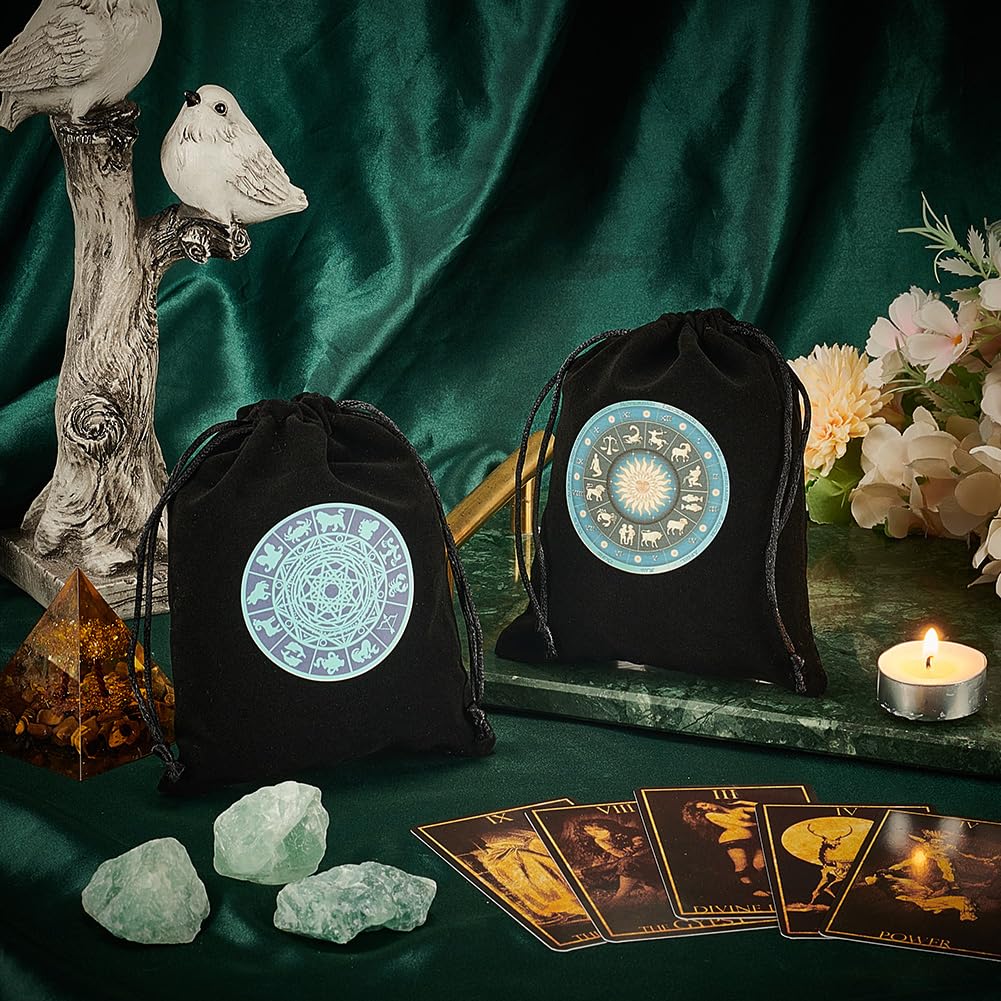 CREATCABIN 2Pcs Tarot Cards Bags Velvet Drawstrings Bags Dice Tarot Cards Holder Pouches Black The Zodiac Tarot Jewelry Storage Bag Wrap for Enthusiasts Crystals Dices Witchcraft 5x6Inch - Image 3