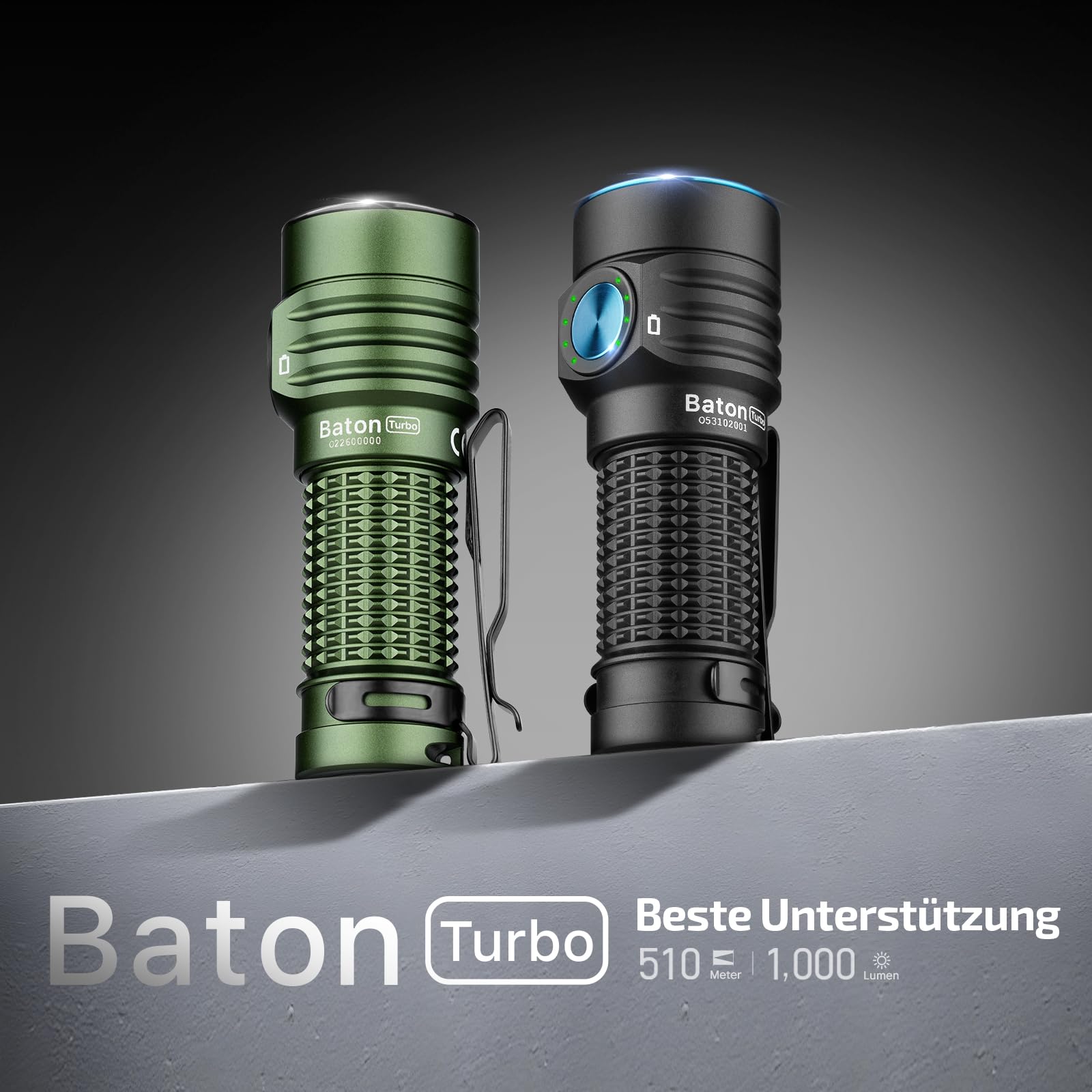 OLIGHT Baton Turbo kleine Taschenlampe 1000 Lumen bis zu 510 Meter Leuchtweite Wiederaufladbare Hanlampe mit Intelligent Anzeige, 50 Tage Laufzeit, 91g Mini Flashlight mit 5 Lichtmodi OD Grün