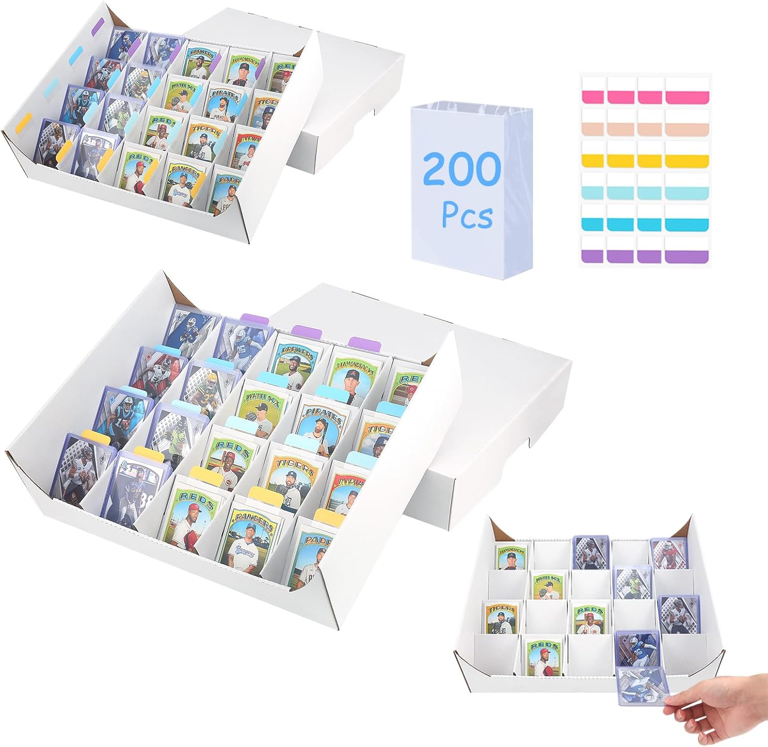 Card Sorting Tray- Stackable Trading Cards Sorter Tray for Raw, Sleeved,Toploaders,PKMN,Baseball,Cardboard Organizer Includes 200 Card Sleeves