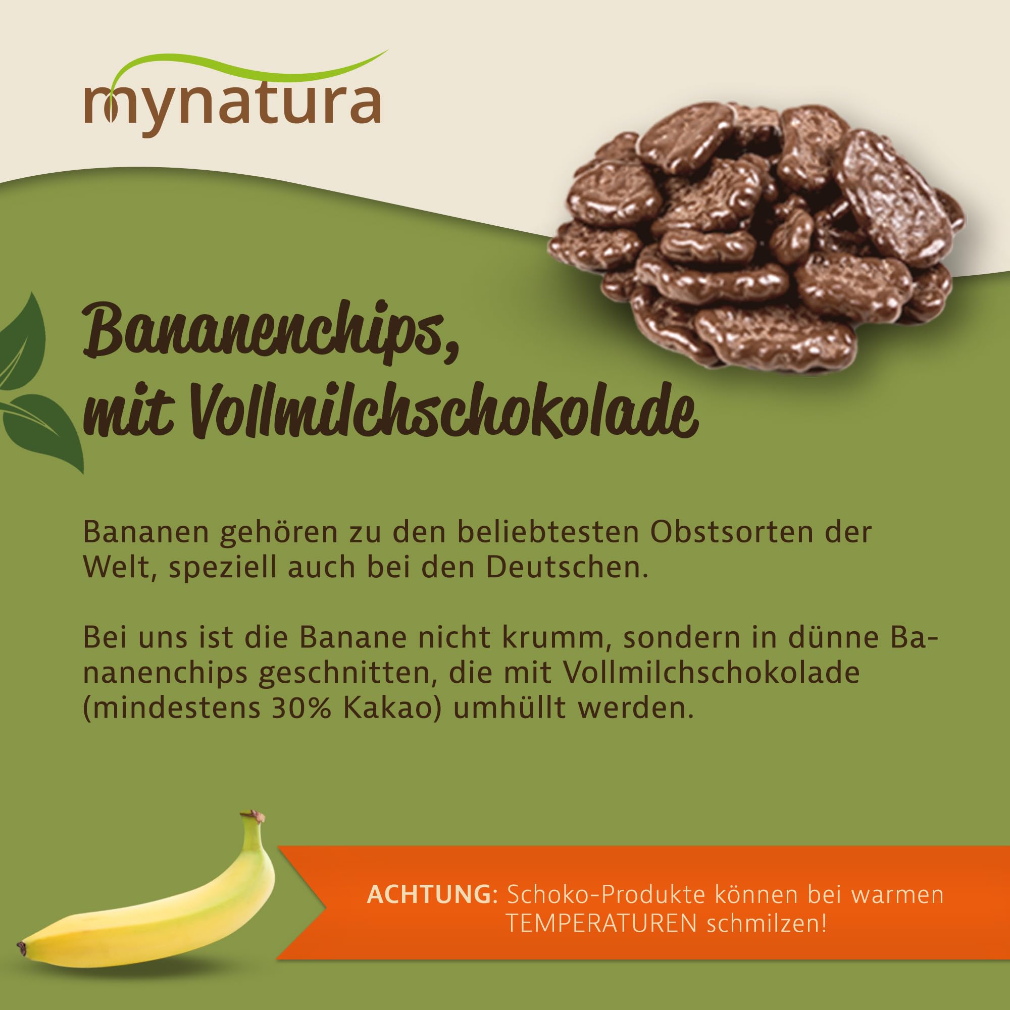 Mynatura Bananenchips, mit Vollmilchschokolade umhüllt I Schokolade I Banane I Snack I Topping I Süßigkeiten I Im Beutel (2x 1000g)