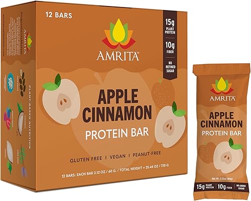 Amrita Manzana canela vegana, sin gluten, barras altas en proteínas | 0.53 oz de proteína a base de plantas, alta fibra, sin maní ni lácteos | Barra