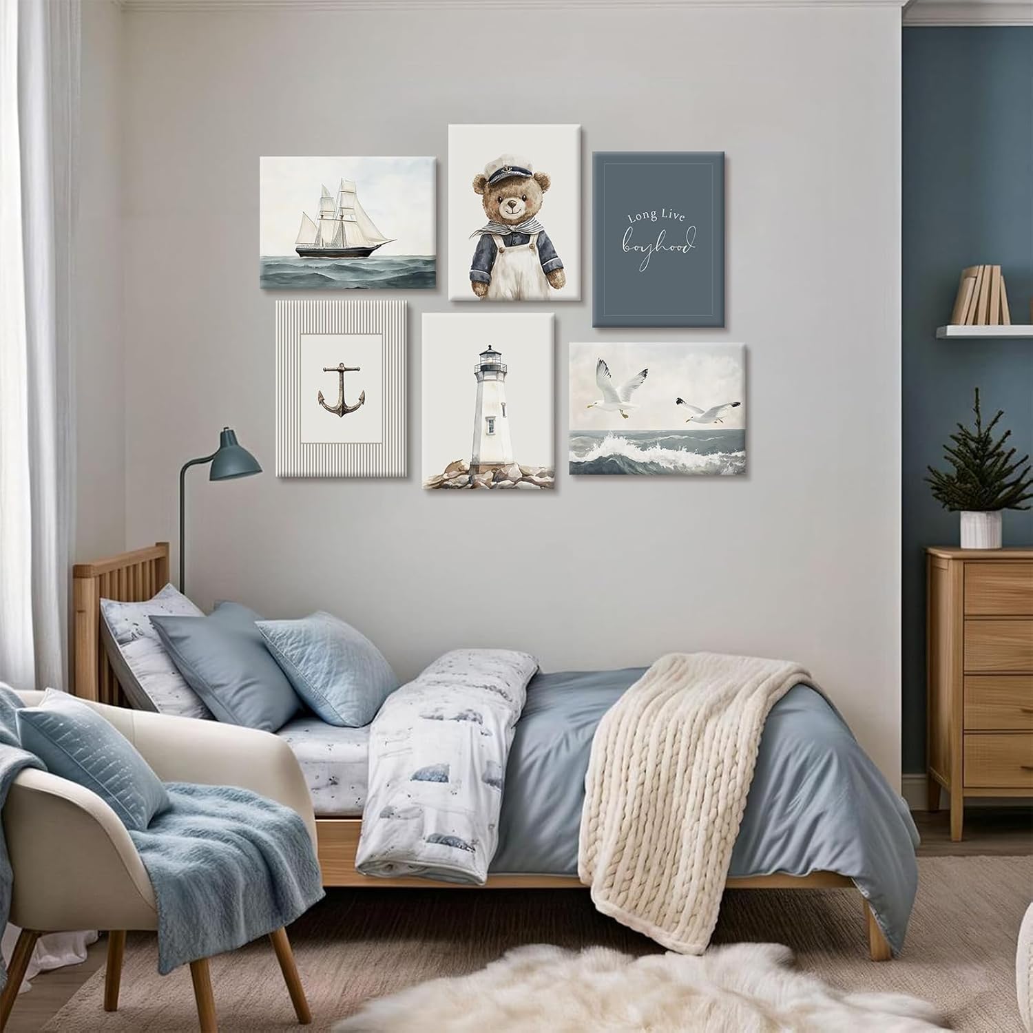 Teddy Bear Nursery Wall Art Baby Boys Room Canvas Poster Vintage Nursery Wall Decor Kids Coastal Prints Sailor Bear Pictures Nautical Sailboat Painting Artwork for Bedroom 12x16 Inch Ready to Hang