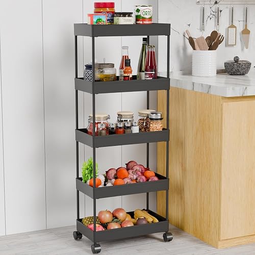 TEKCOOL Plastic Storage Rack for Bedroom/Shelf for Bedroom/Bathroom Storage Rack/Trolley for Kitchen Storage/Multipurpose Storage Rack (Black, 5 Layer)