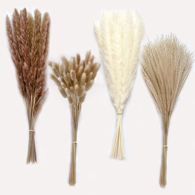 75Pcs Pampas Grass Boho Home Decor, Natural Dried Carefully Hand-Picked Fluffy Pompas Grass 17", White & Brown Pampas Grass, Reed, Bunny Tails for Flower Arrangements Boho Wedding Home Décor