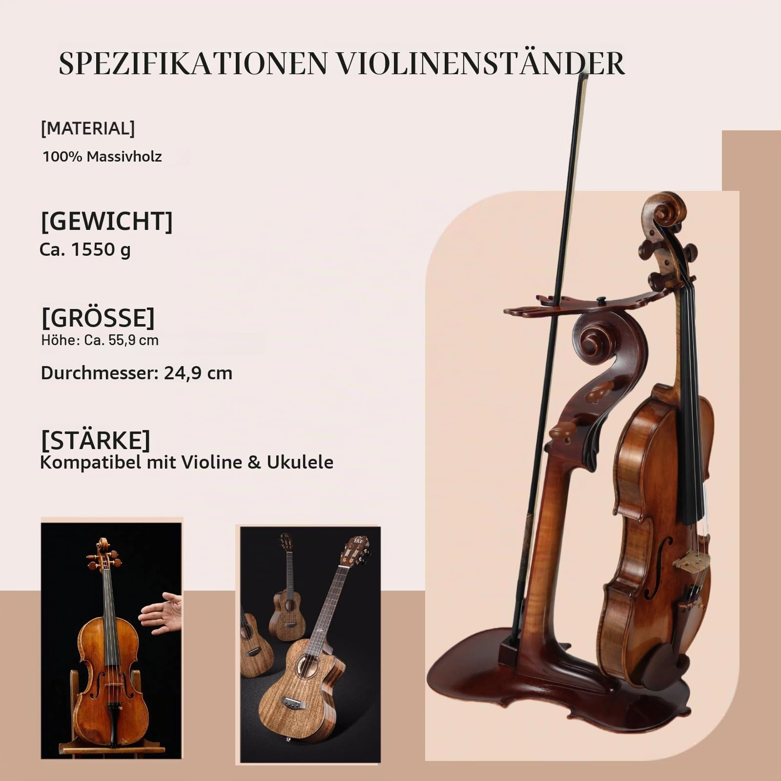 Violinenständer aus Massivholz mit Bogenhalter – keine Montage erforderlich, robustes Display in 4/4-Größe, handgefertigtes Design für Zuhause/Studio/Bühne
