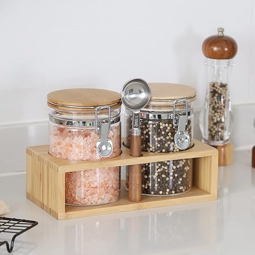 Miniatura 4 de KKC Recipientes de almacenamiento de sal de azúcar de vidrio de borosilicato con tapa hermética de bambú, tarros de sal de azúcar sellados de vidrio