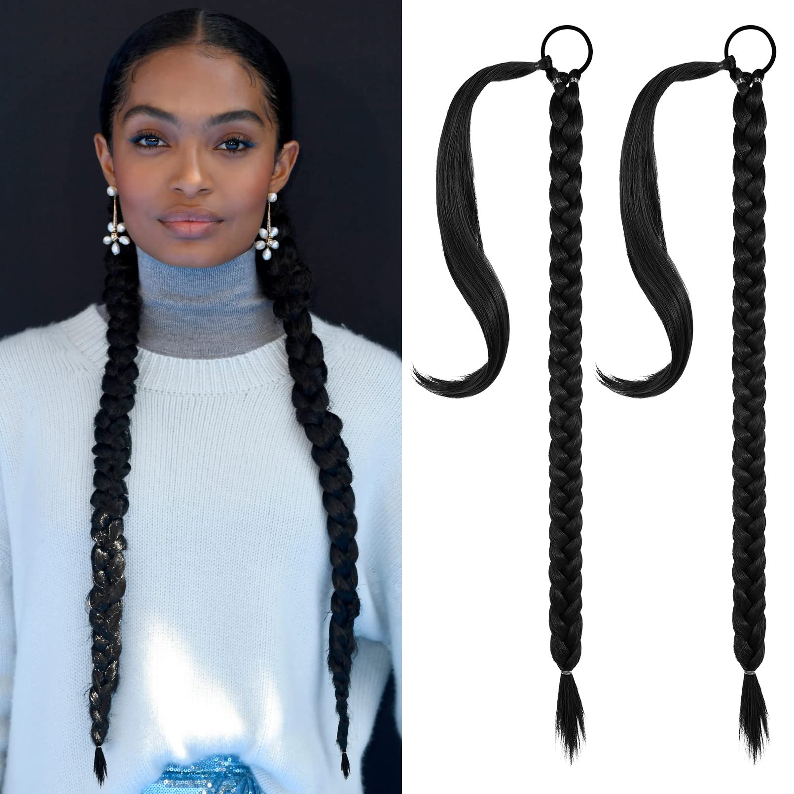 SEIKEA 2PCS Long Braid Ponytail Extension with Hair Tie Long Straight Wrap Around Hair Extensions Ponytail Soft Synthetic Hair Black 30 Inch (After