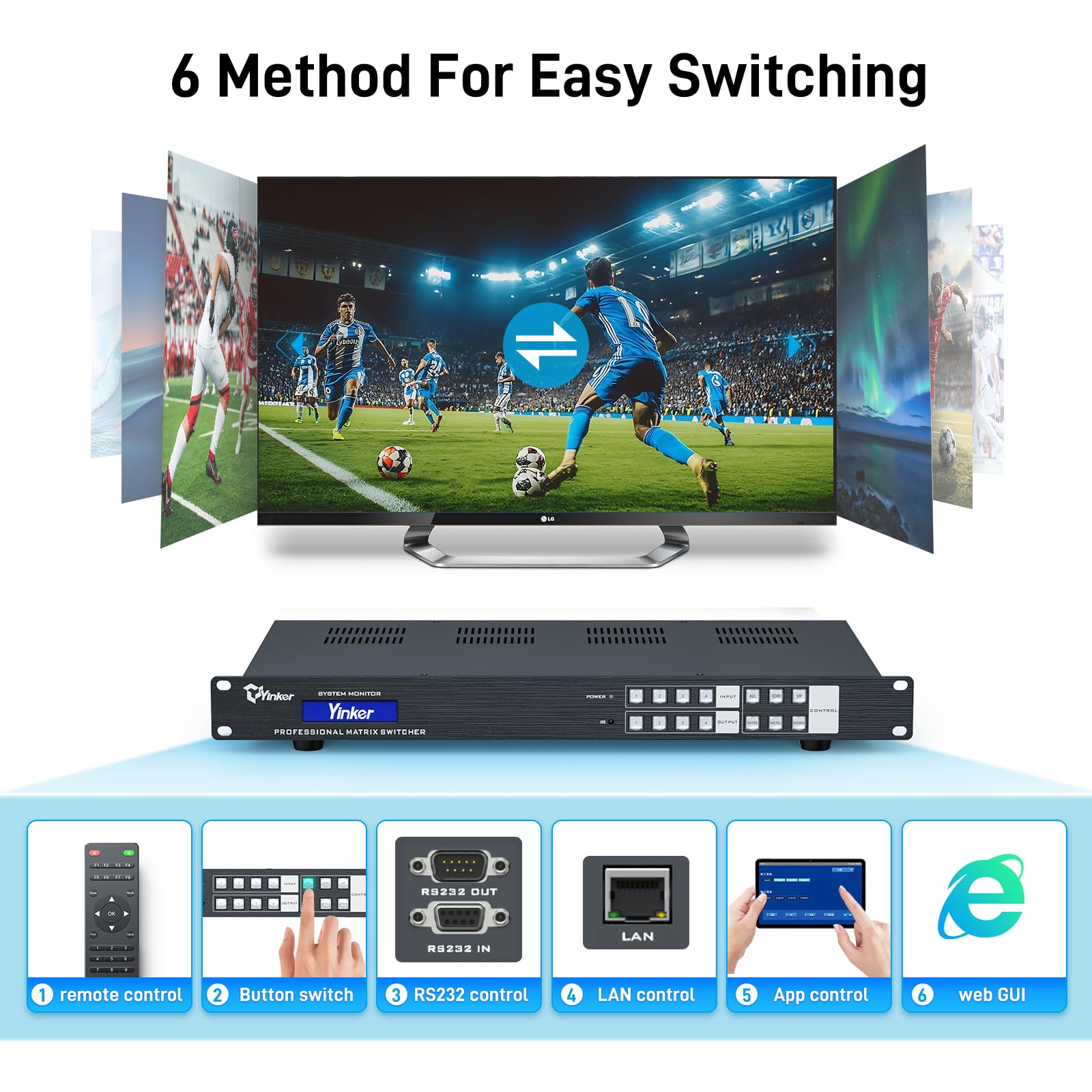 Matrix HDMI 8K 4x4 w/Web GUI, HDMI 2.1 Matrix Switcher Splitter 8K @ 60Hz 4K @120Hz, matrice video 1U montaggio su rack con Smart EDID, Audio Embed & De-Embed, Controllo APP