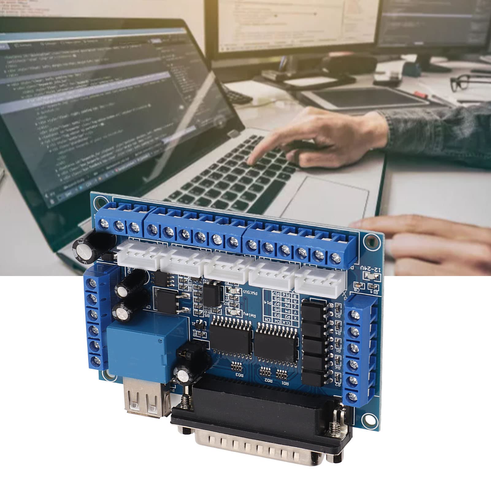 DC 12-24V CNC Breakout Board 5 Axes Mach3 Carte d'interface avec carte d'isolement optocoupleur, câble de port USB DB25 Câble pour pilote de moteur pas à pas MACH3(Bleu)
