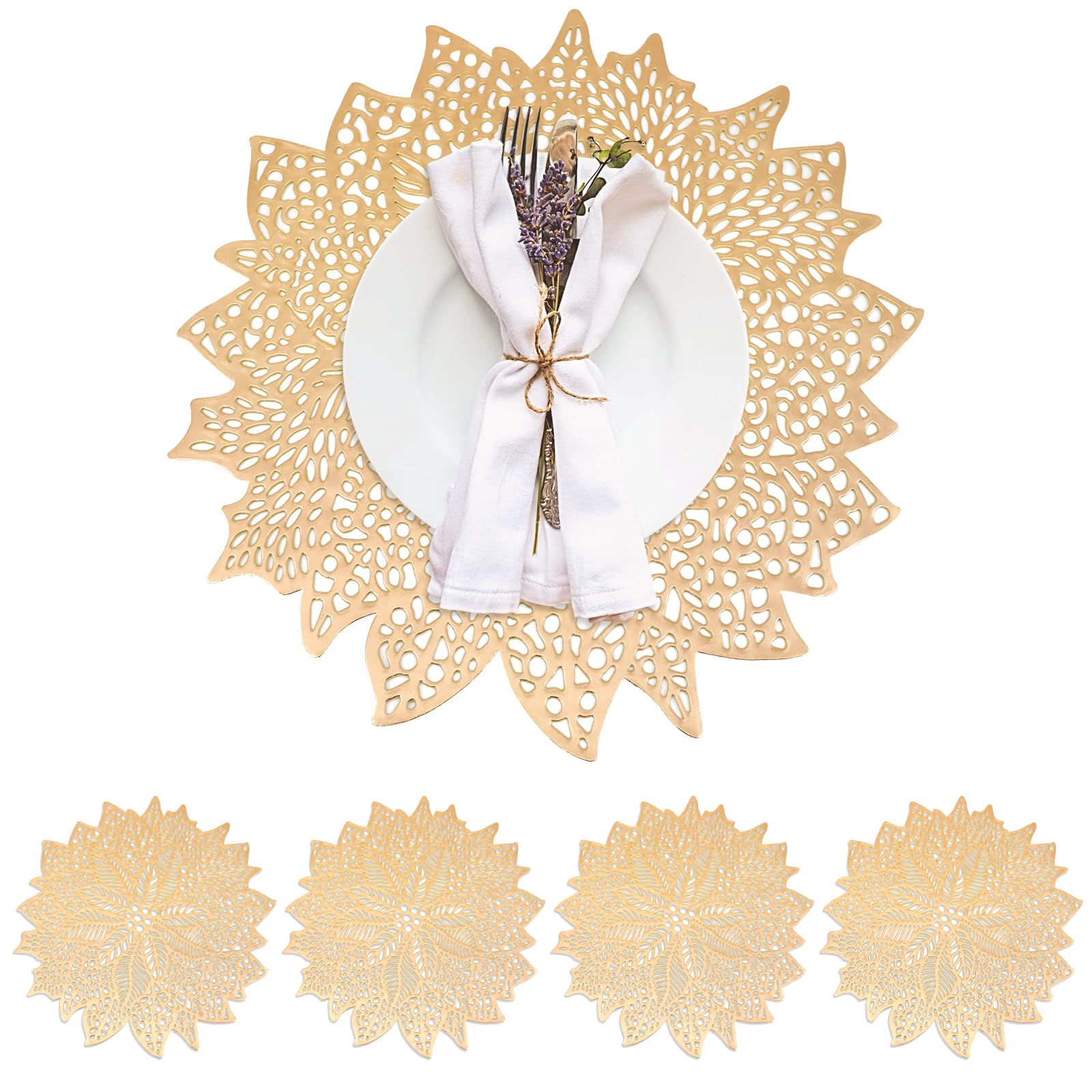 Round Placemats Set of 8, Elegant Hollow Floral Leaf Placemat Pressed