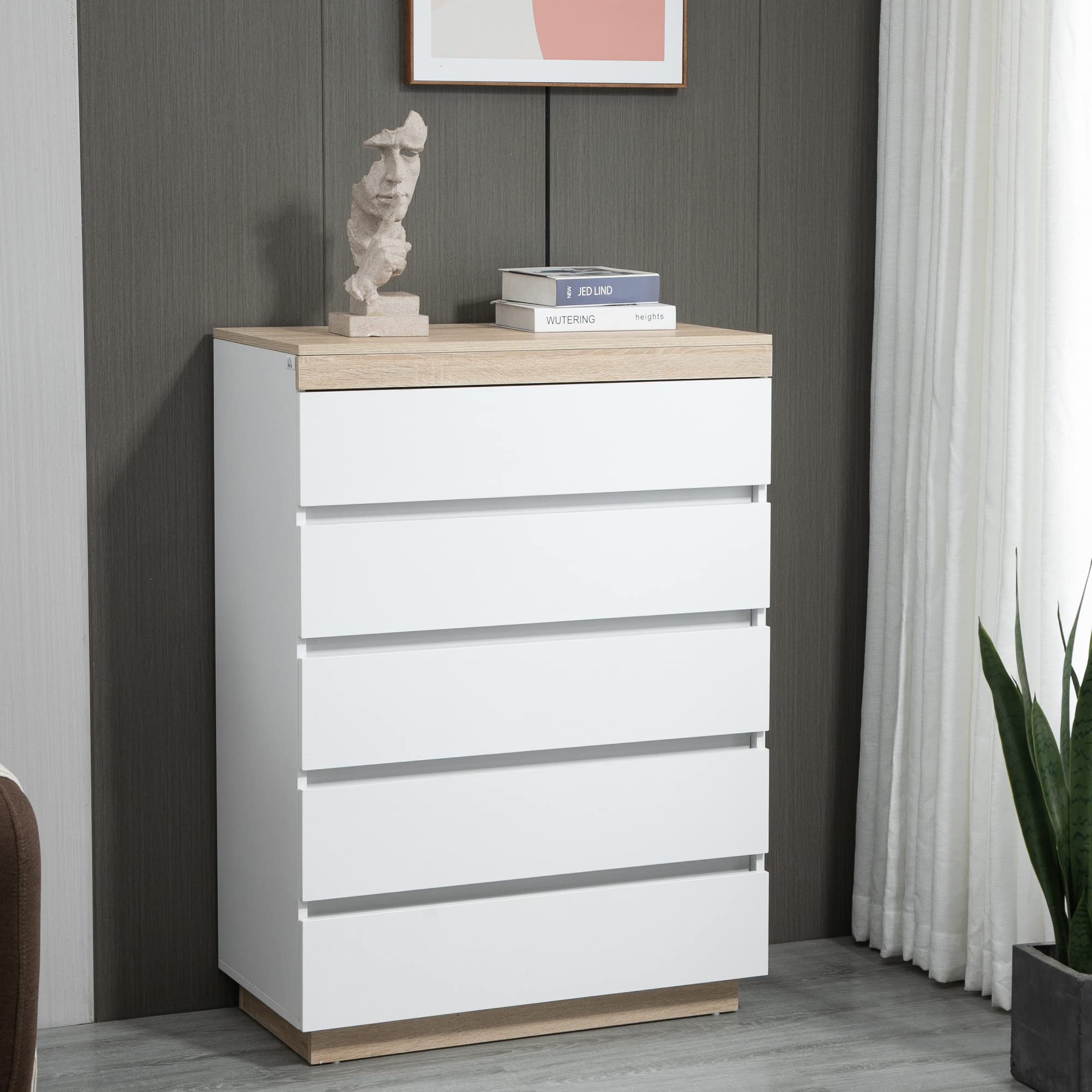 HOMCOM Cassettiera 5 Cassetti in Legno, Cassettiera Camera da Letto con Dispositivo Antiribaltamento, 80x40x109 cm, Bianco e Rovere