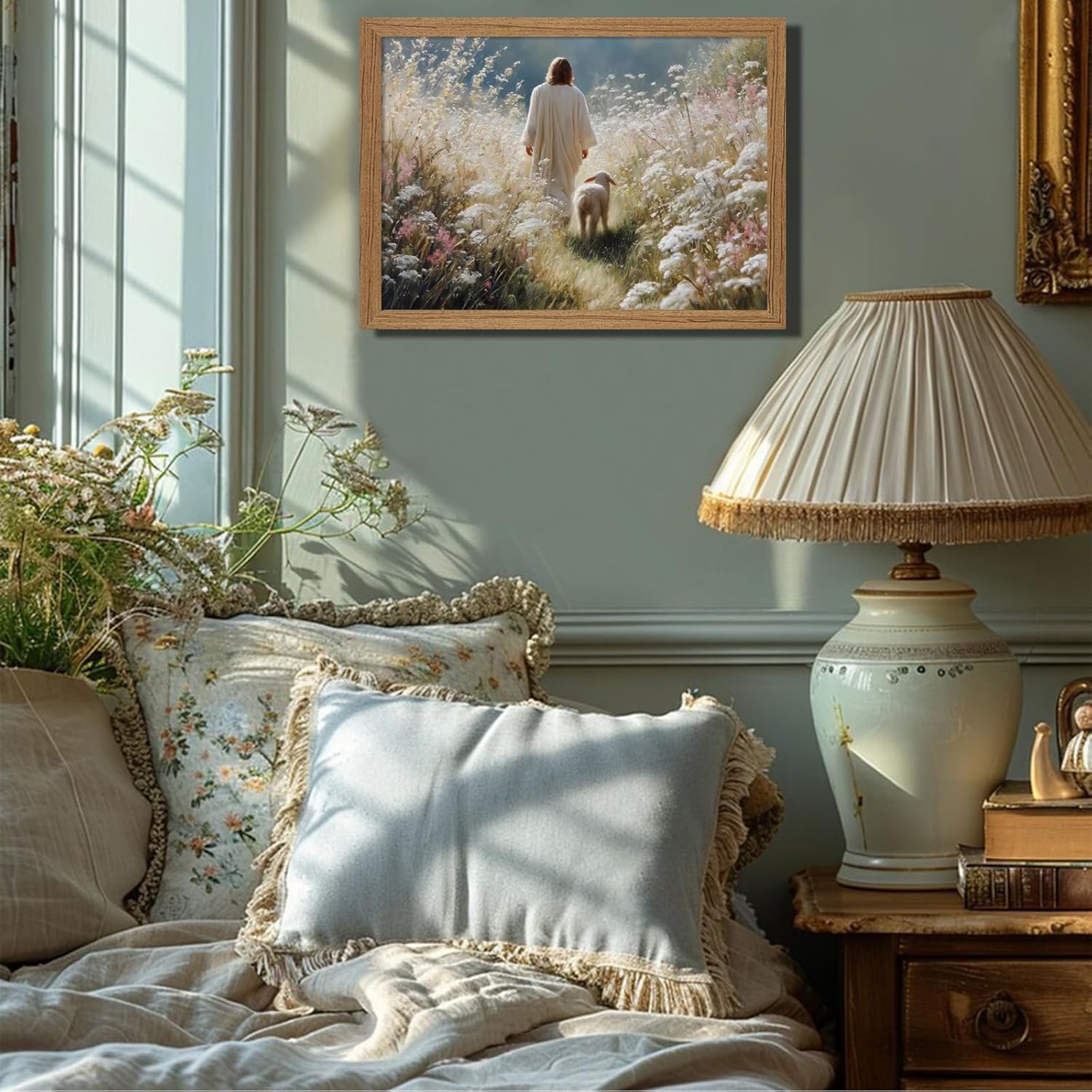 Framed Jesus Leaves the 99 Sheep Canvas Wall Art Lost Lamb Wall Decor Pictures Christian Bible Stories Poster Print Jesus Among the wildflowers Painting for Bedroom Prayer Room Church Home Decoration