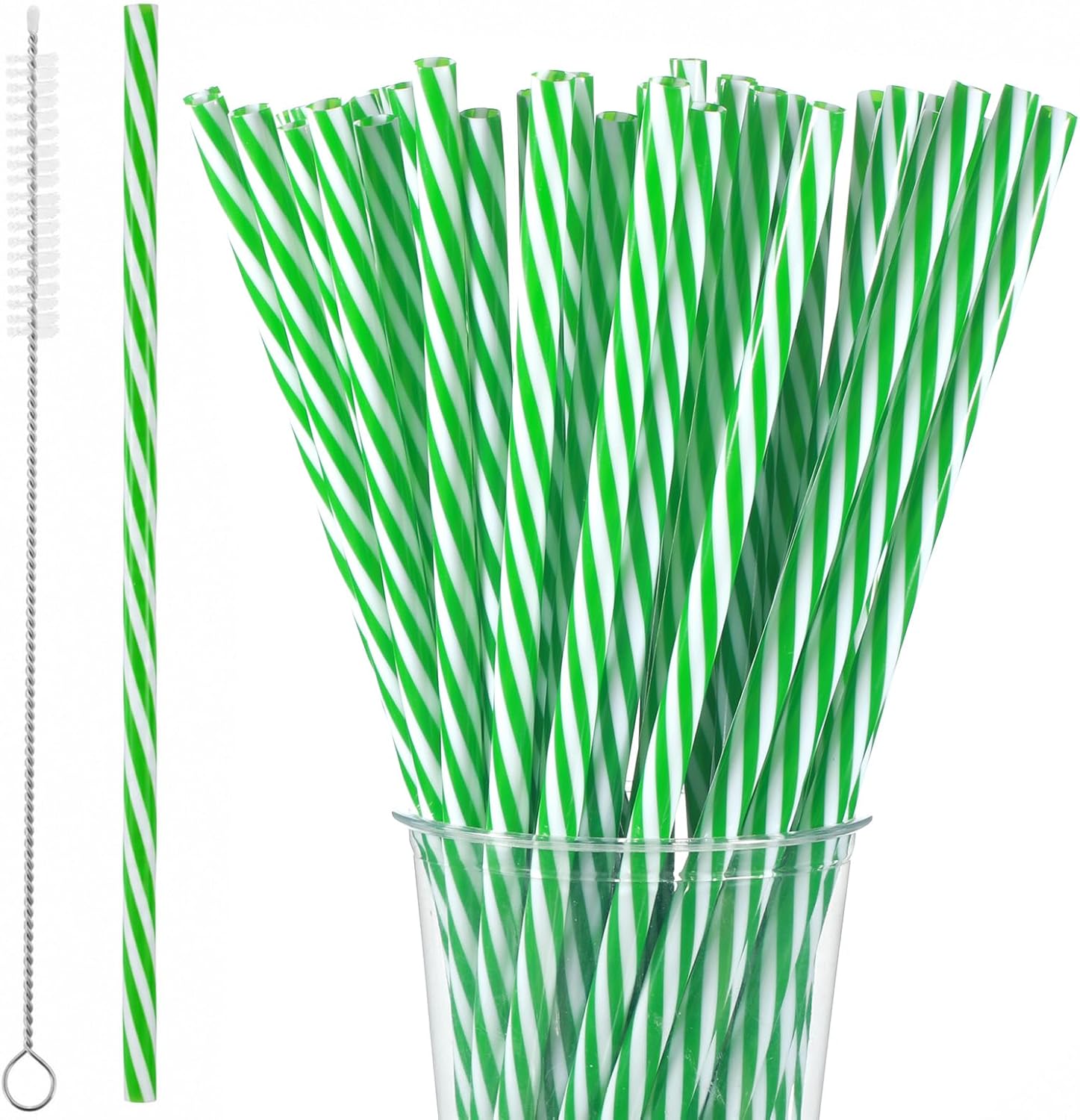 50PCS Green and White Striped Straws, Reusable Drinking Straws