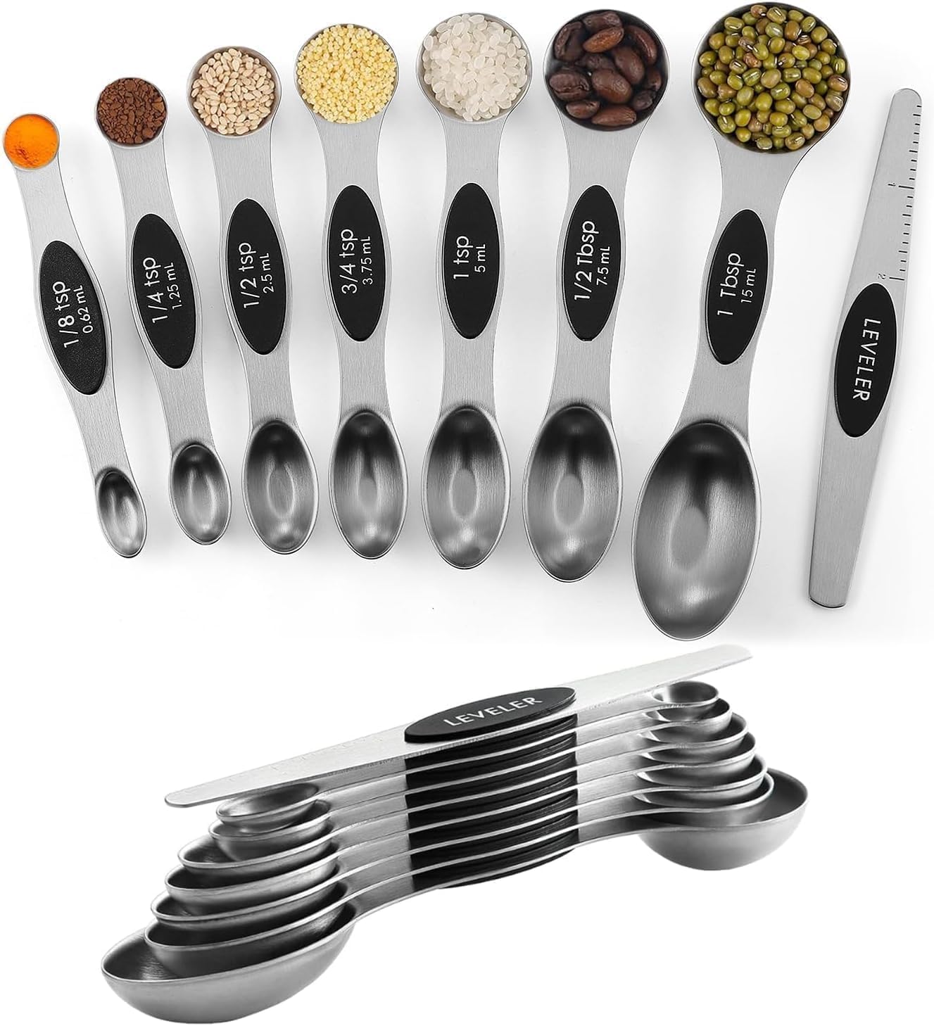 Set of 8 Adjustable Magnetic Stainless Steel Measuring Spoons – Dual Sided & Stackable