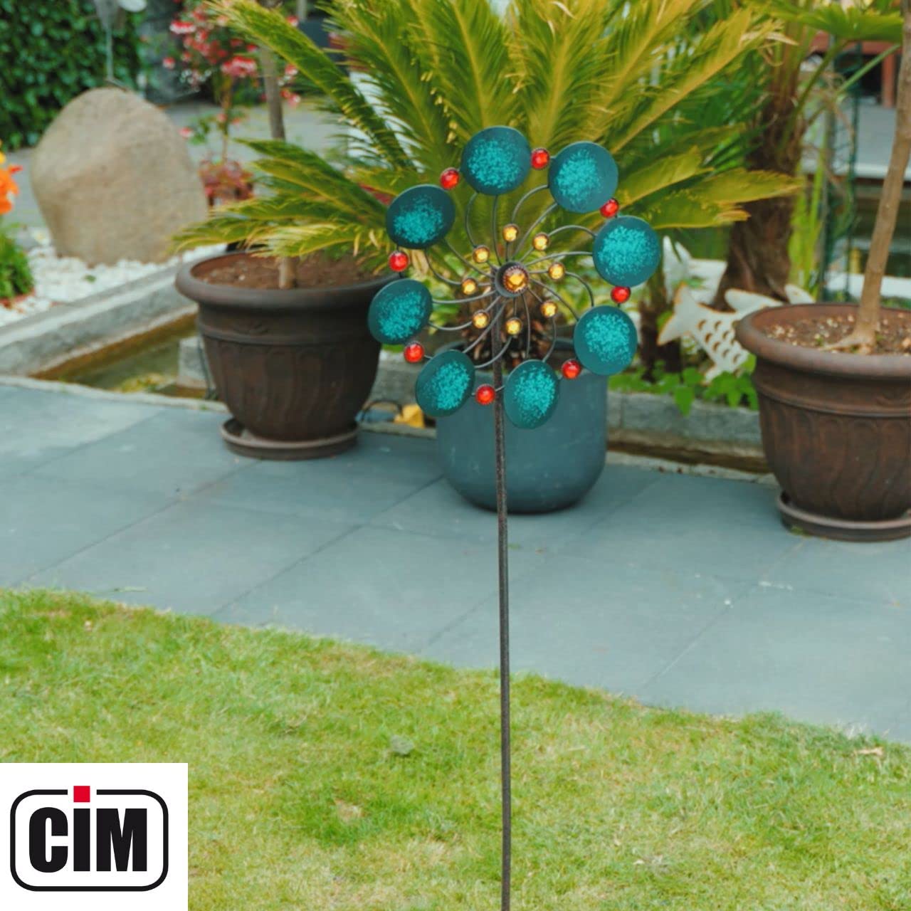 CIM Metalowy wiatrak – egzotyczny kwiat jadeit — Ø 34 cm, wysokość całkowita: 122 cm – w zestawie 3-częściowy drążek – płynnie obracający się