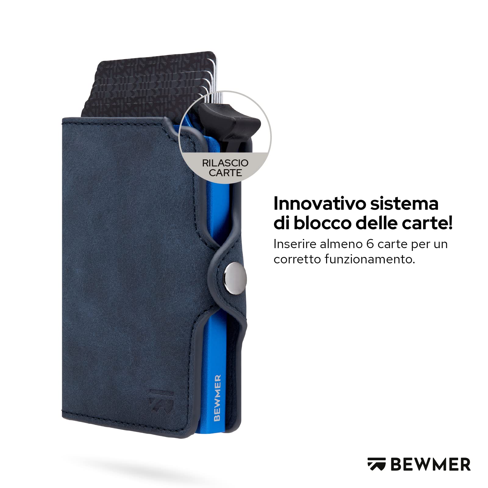 BEWMER Porta Carte di Credito 1 ZIP Schermato | Portafoglio Slim da Uomo e Donna | Porta Tessere e Documenti con Rfid Protection e Fermasoldi in Carbon Fiber (Blu con Zip)